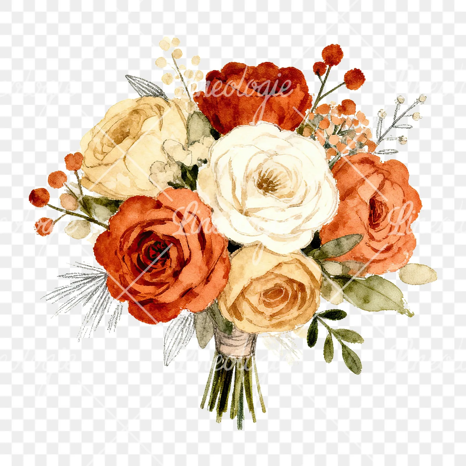 Watercolor terracotta and ivory boho wedding bouquet clipart 1 of 6 on a transparent background (PNG)