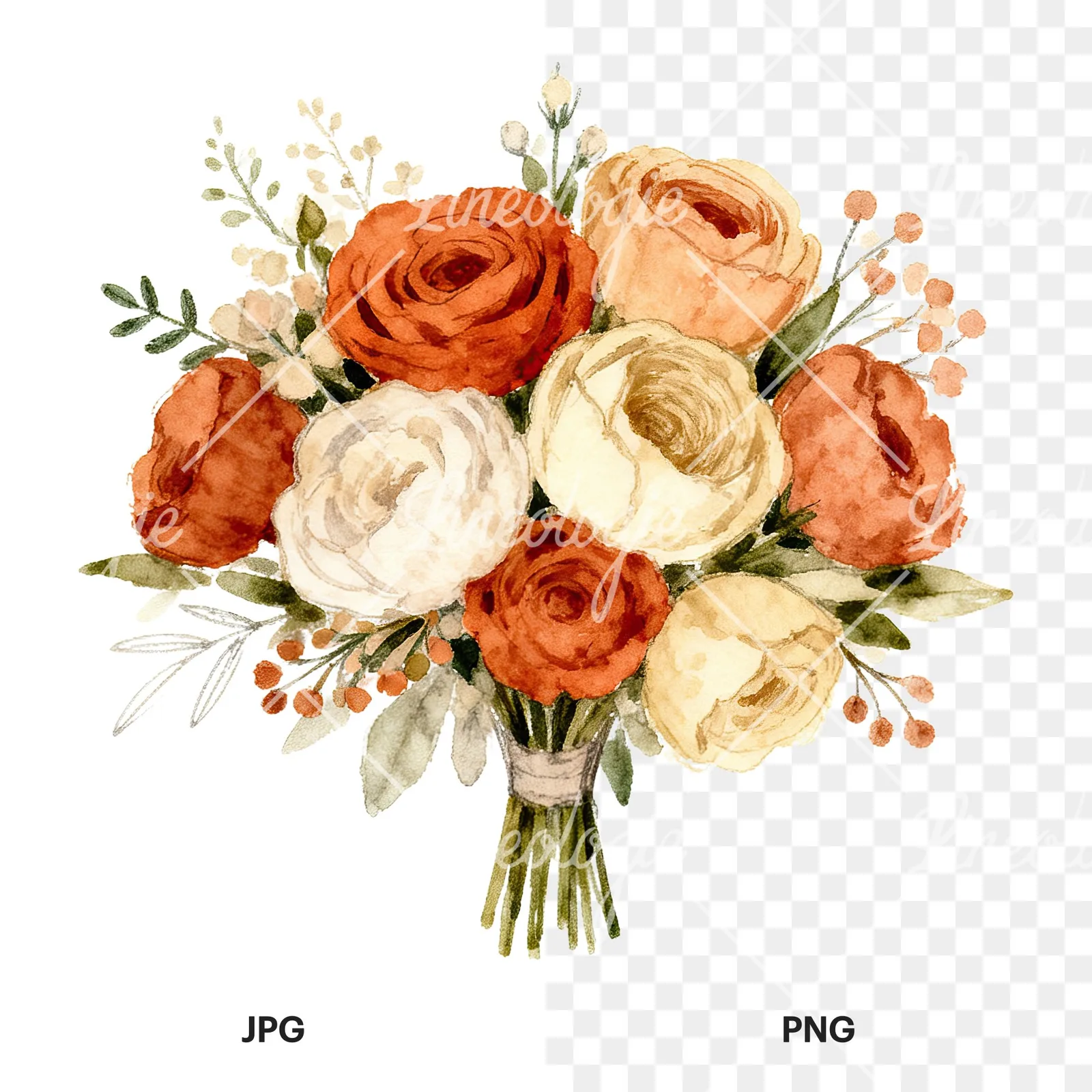 Watercolor terracotta and ivory boho wedding bouquet clipart 2 of 6, as a JPG on white and a transparent PNG