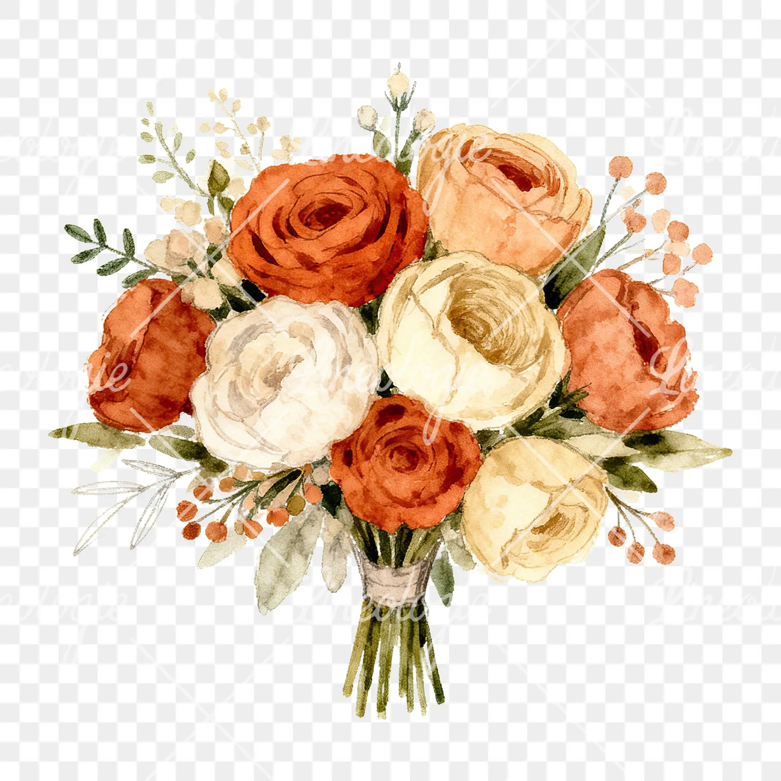 Watercolor terracotta and ivory boho wedding bouquet clipart 2 of 6 on a transparent background (PNG)
