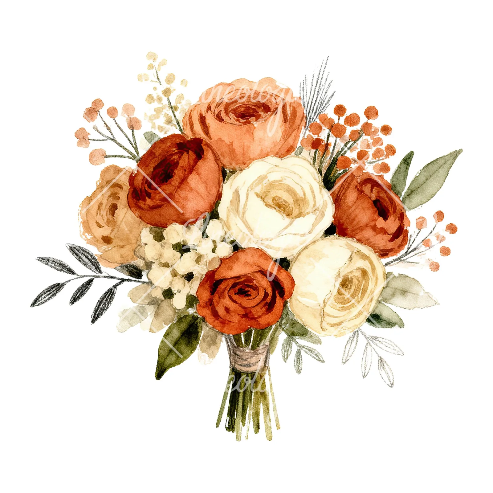 Watercolor terracotta and ivory boho wedding bouquet clipart 3 of 6 on a white background (JPG)