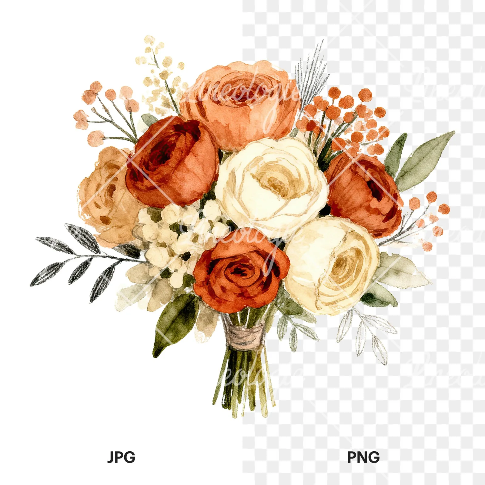 Watercolor terracotta and ivory boho wedding bouquet clipart 3 of 6, as a JPG on white and a transparent PNG