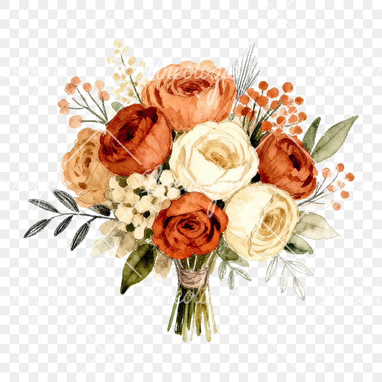 Watercolor terracotta and ivory boho wedding bouquet clipart 3 of 6 on a transparent background (PNG)