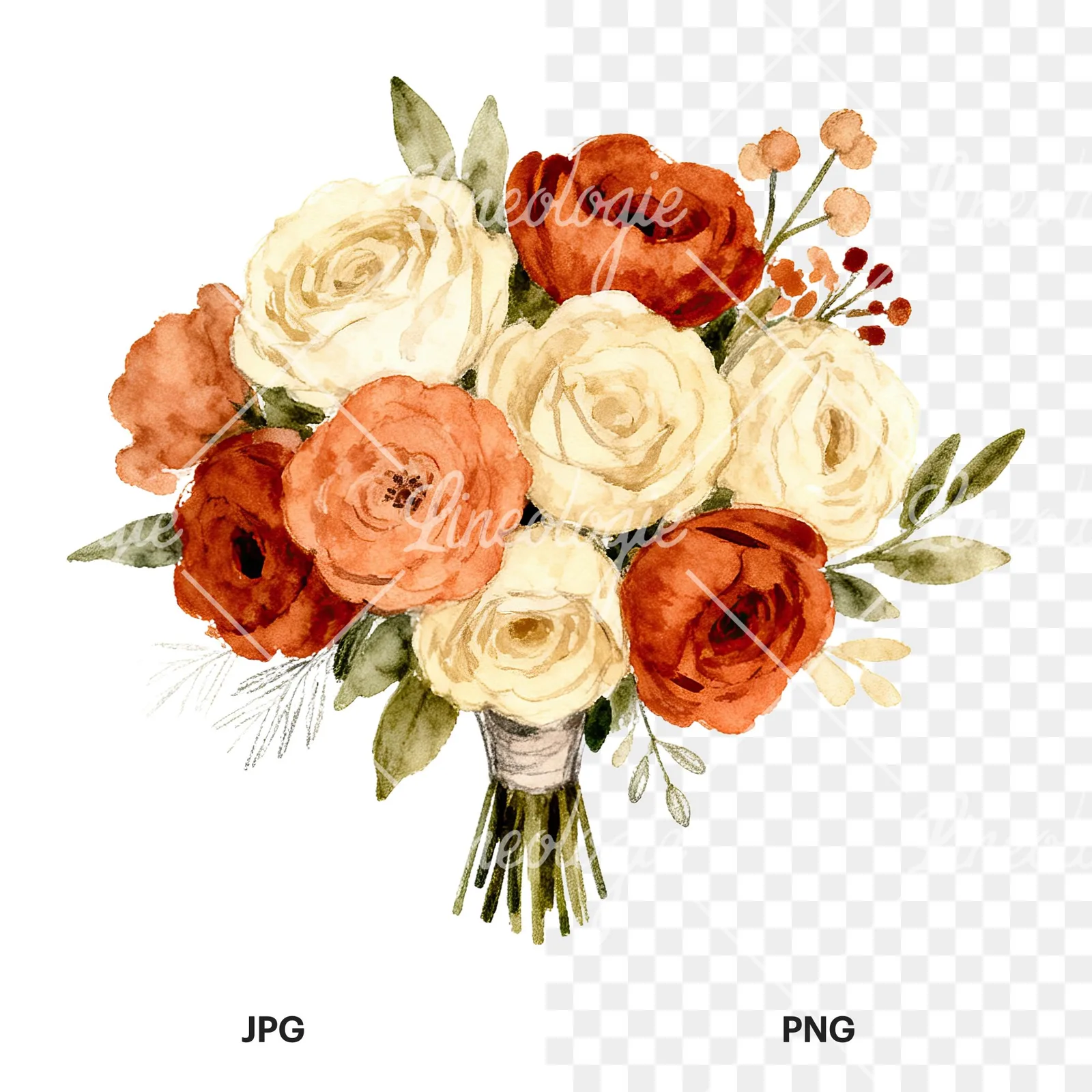 Watercolor terracotta and ivory boho wedding bouquet clipart 4 of 6, as a JPG on white and a transparent PNG