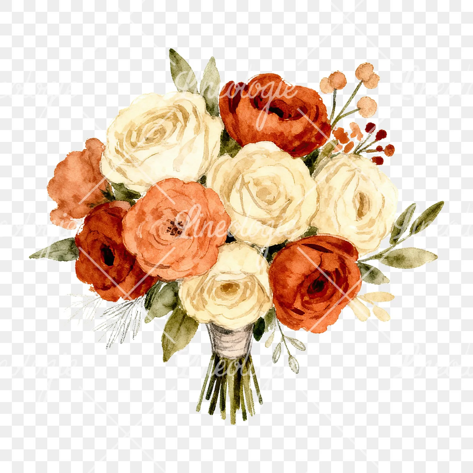 Watercolor terracotta and ivory boho wedding bouquet clipart 4 of 6 on a transparent background (PNG)