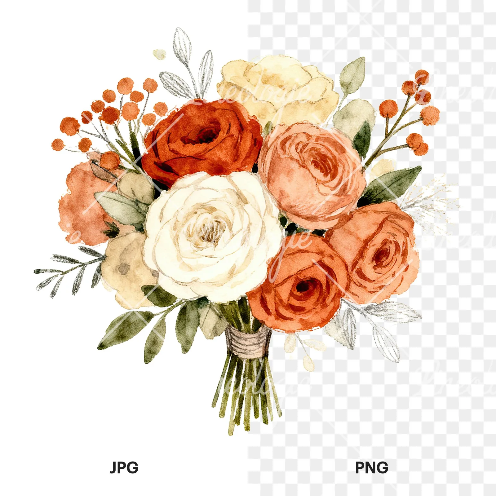 Watercolor terracotta and ivory boho wedding bouquet clipart 5 of 6, as a JPG on white and a transparent PNG