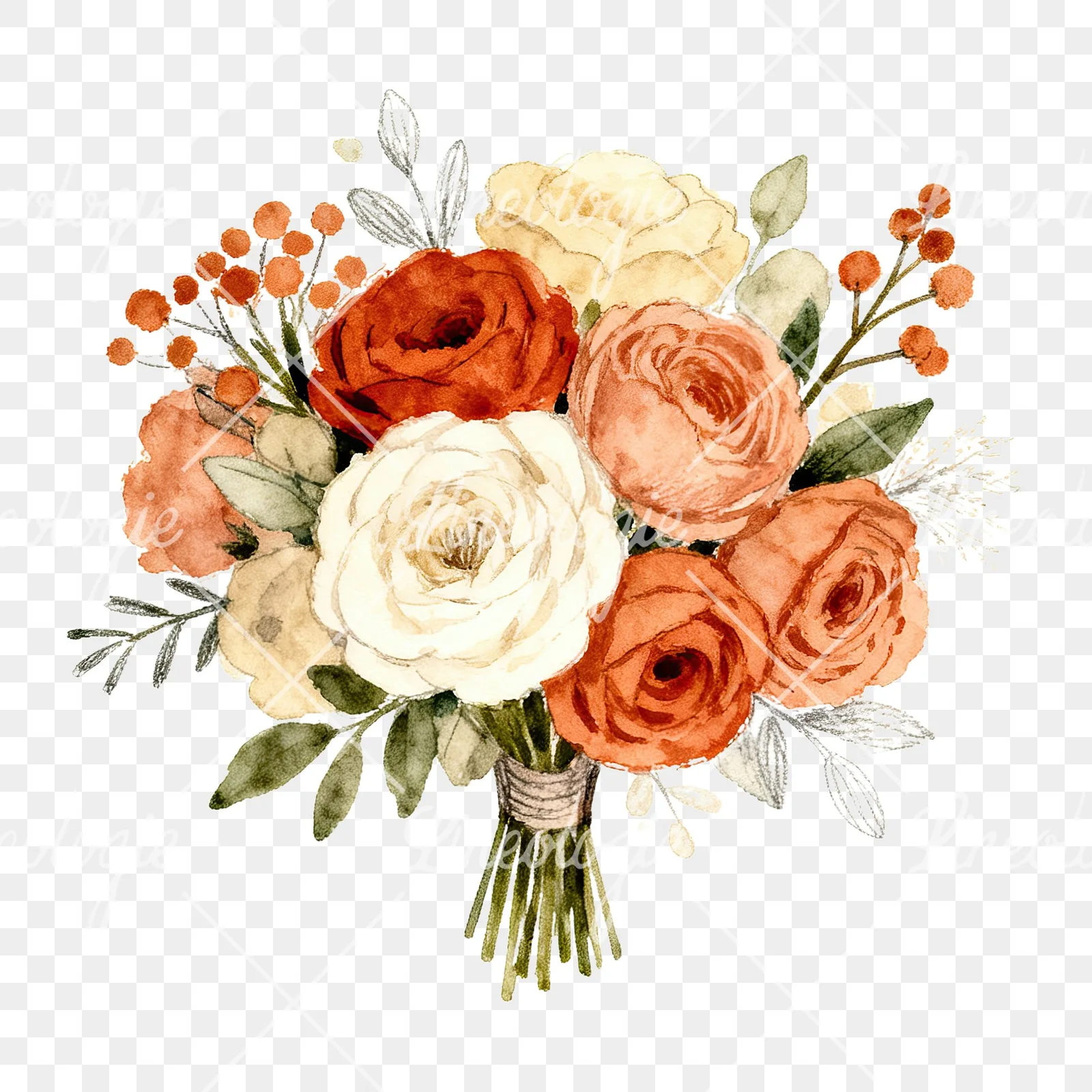 Watercolor terracotta and ivory boho wedding bouquet clipart 5 of 6 on a transparent background (PNG)