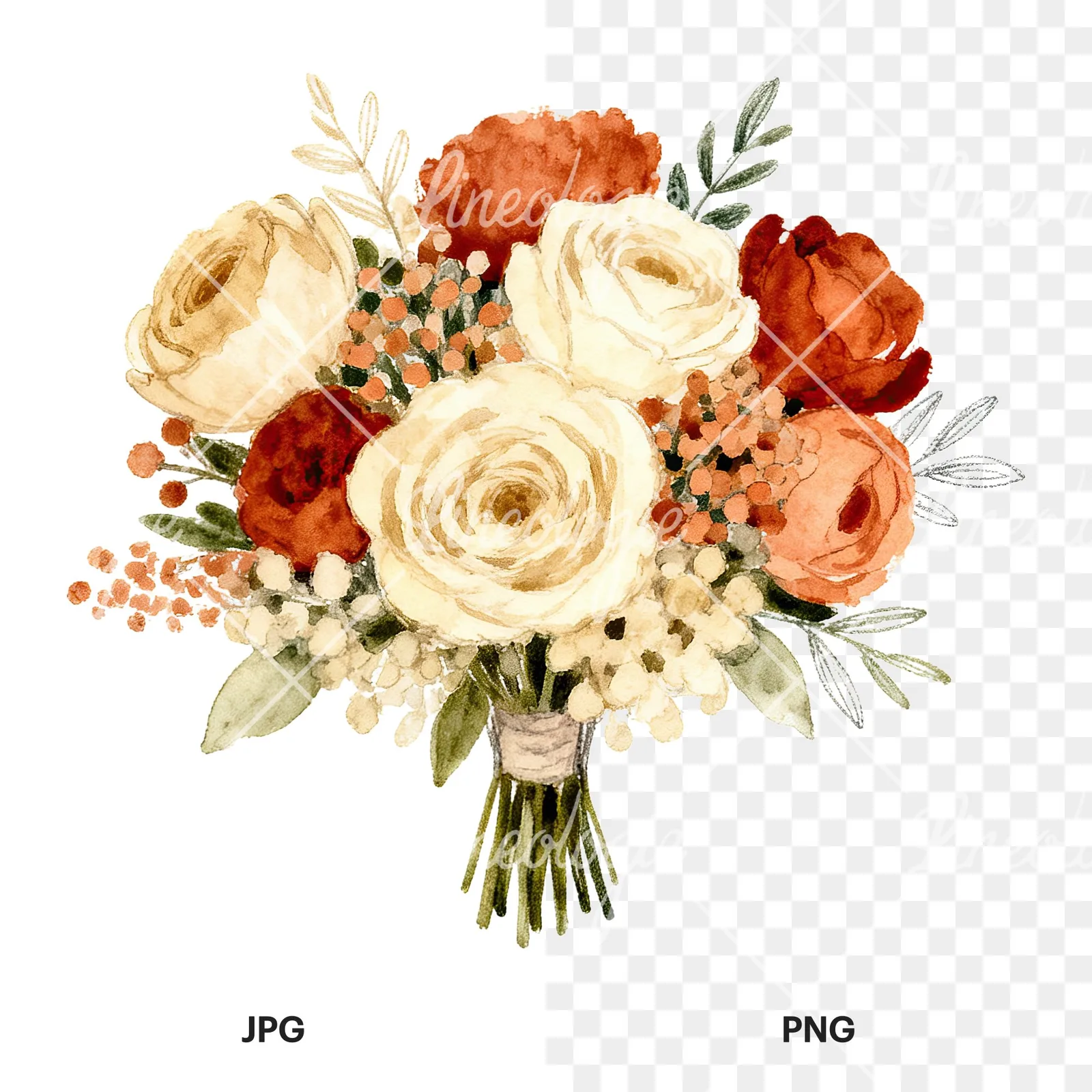 Watercolor terracotta and ivory boho wedding bouquet clipart 6 of 6, as a JPG on white and a transparent PNG