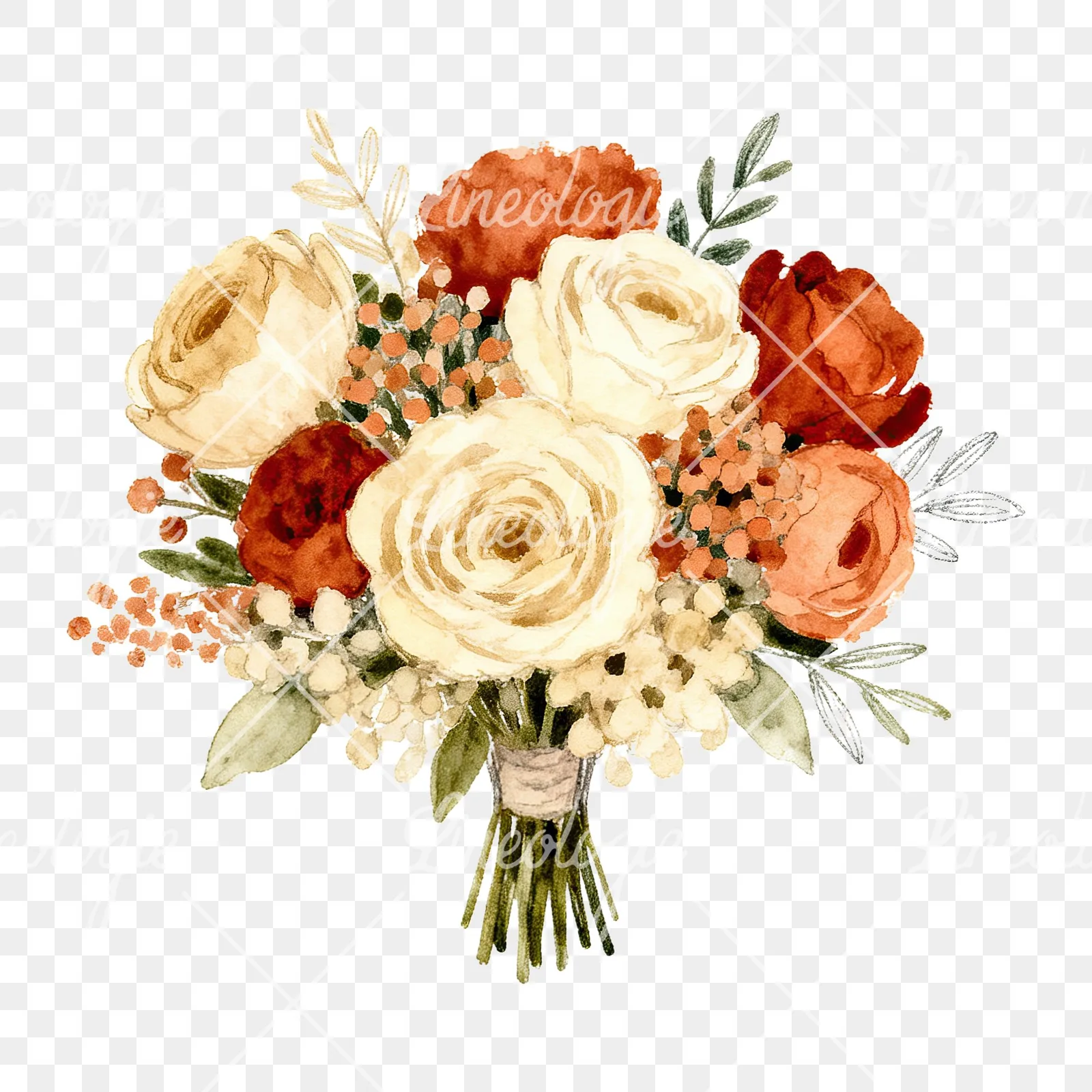 Watercolor terracotta and ivory boho wedding bouquet clipart 6 of 6 on a transparent background (PNG)