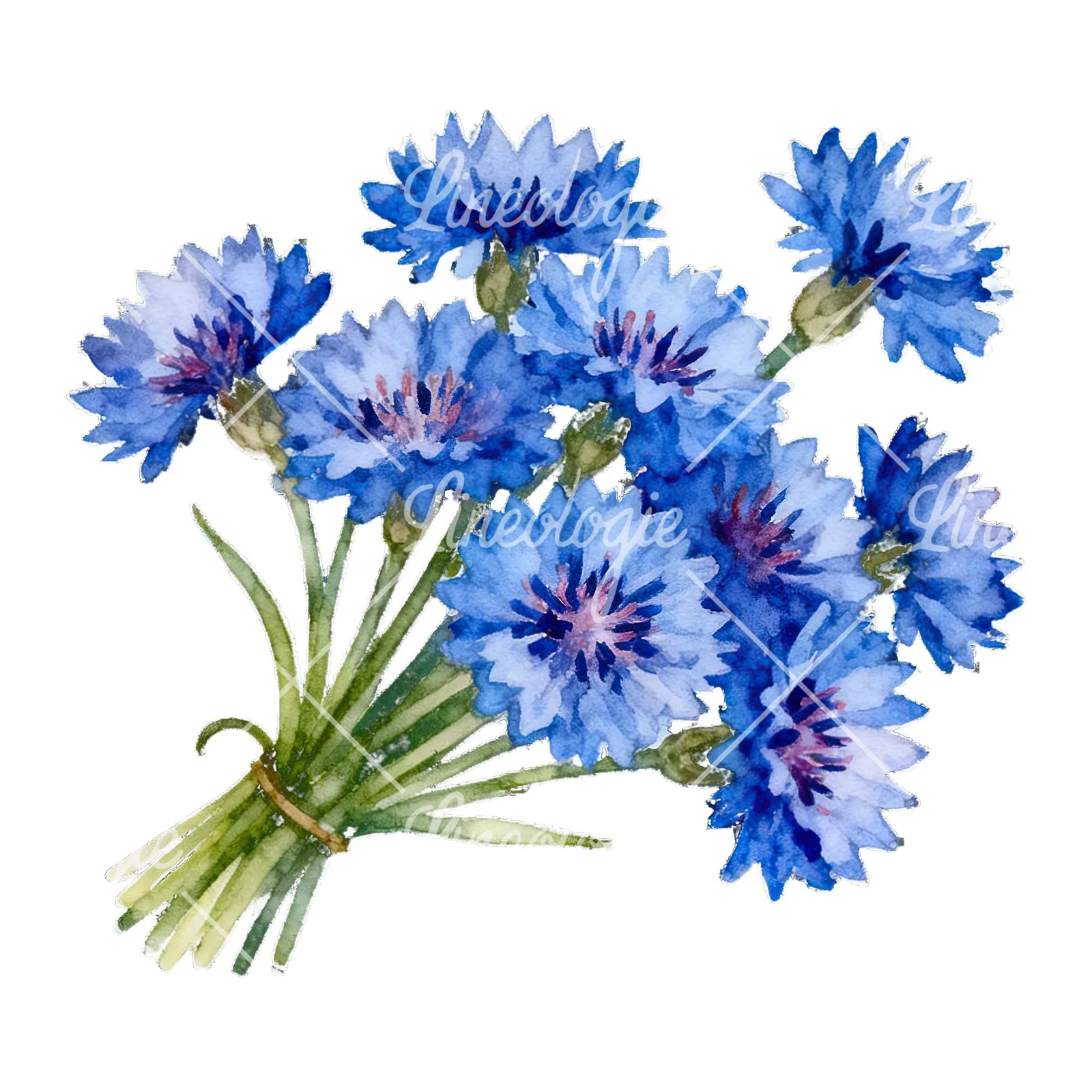 Watercolor blue pink white cornflower bouquet clipart 1 of 6 on a white background (JPG)