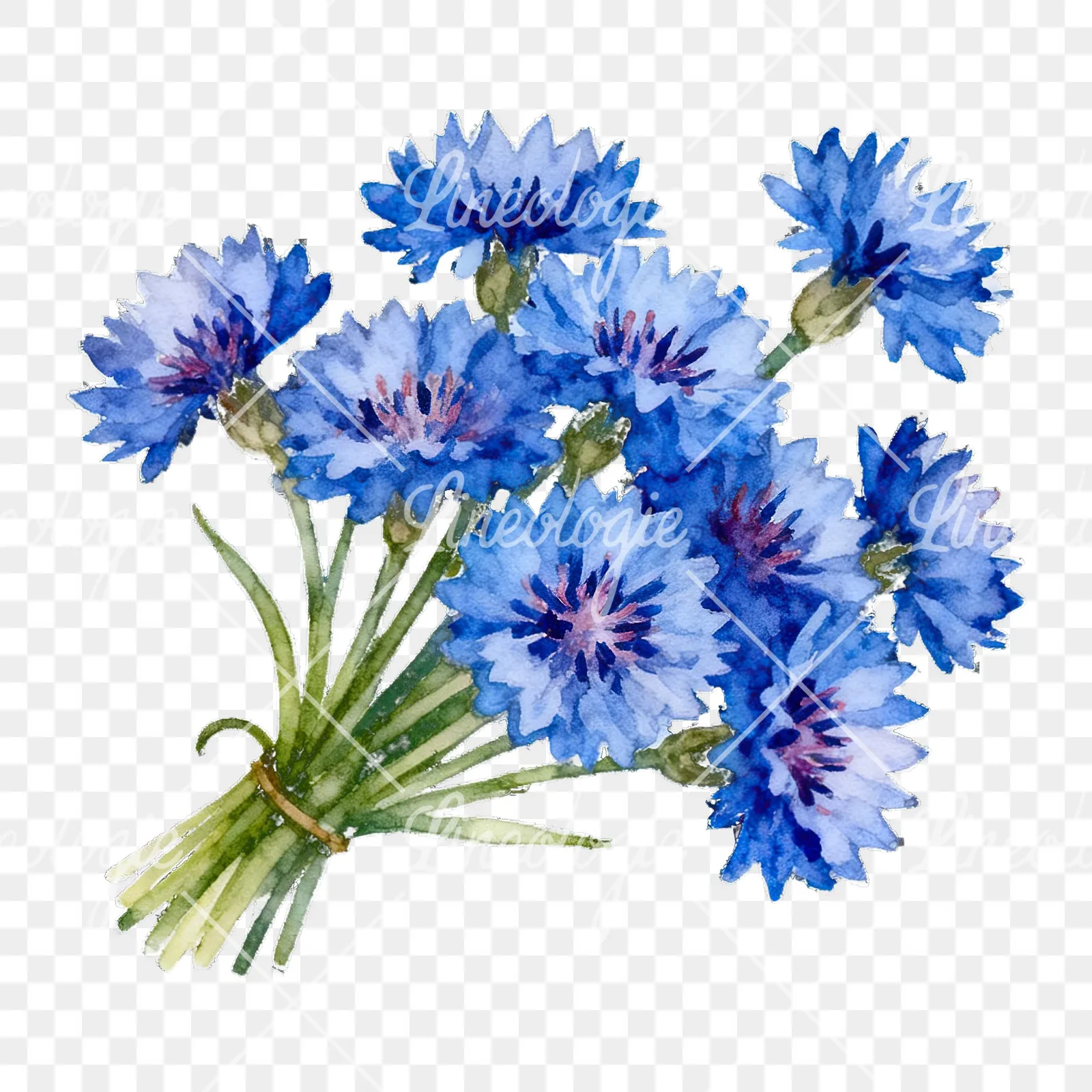 Watercolor blue pink white cornflower bouquet clipart 1 of 6 on a transparent background (PNG)
