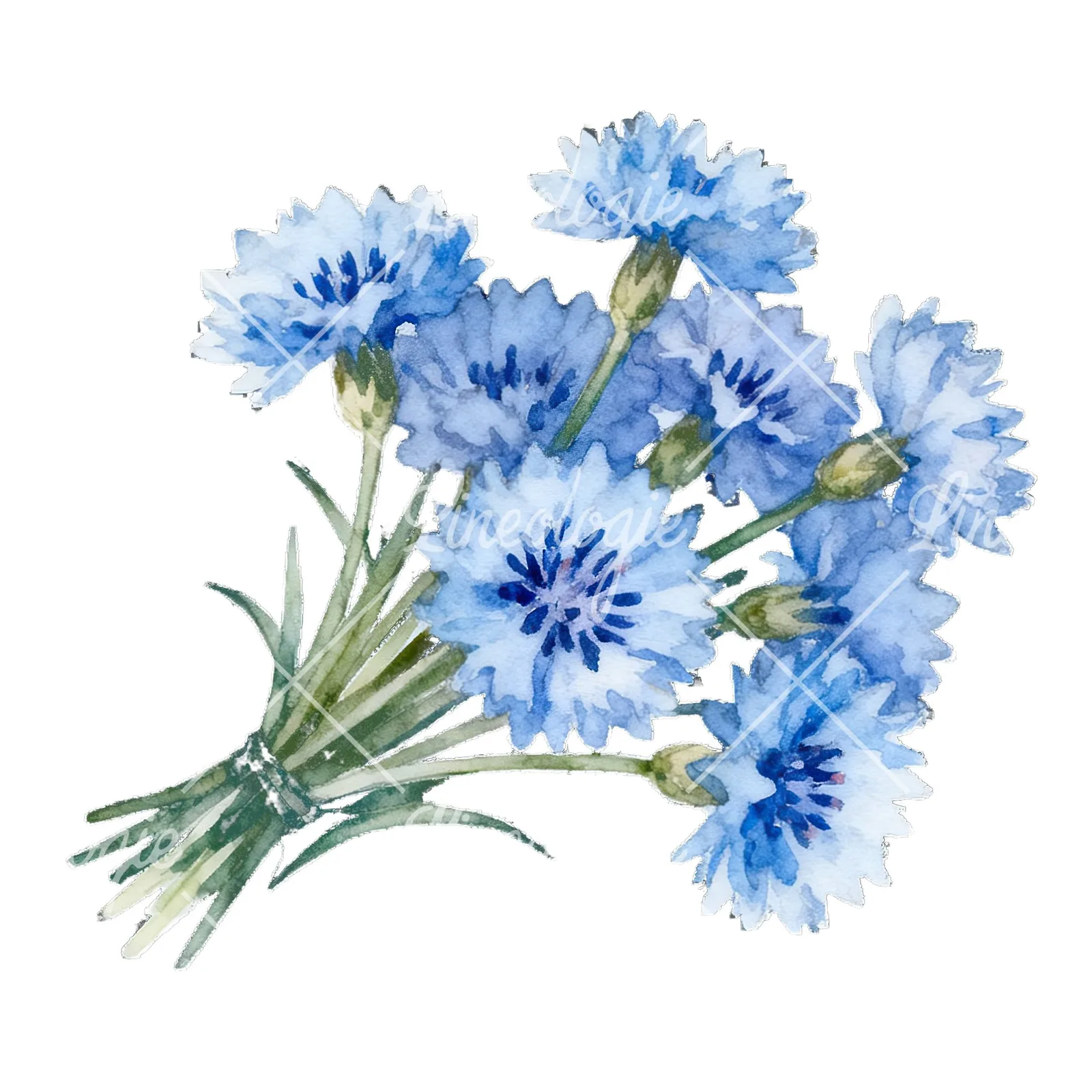 Watercolor blue pink white cornflower bouquet clipart 2 of 6 on a white background (JPG)