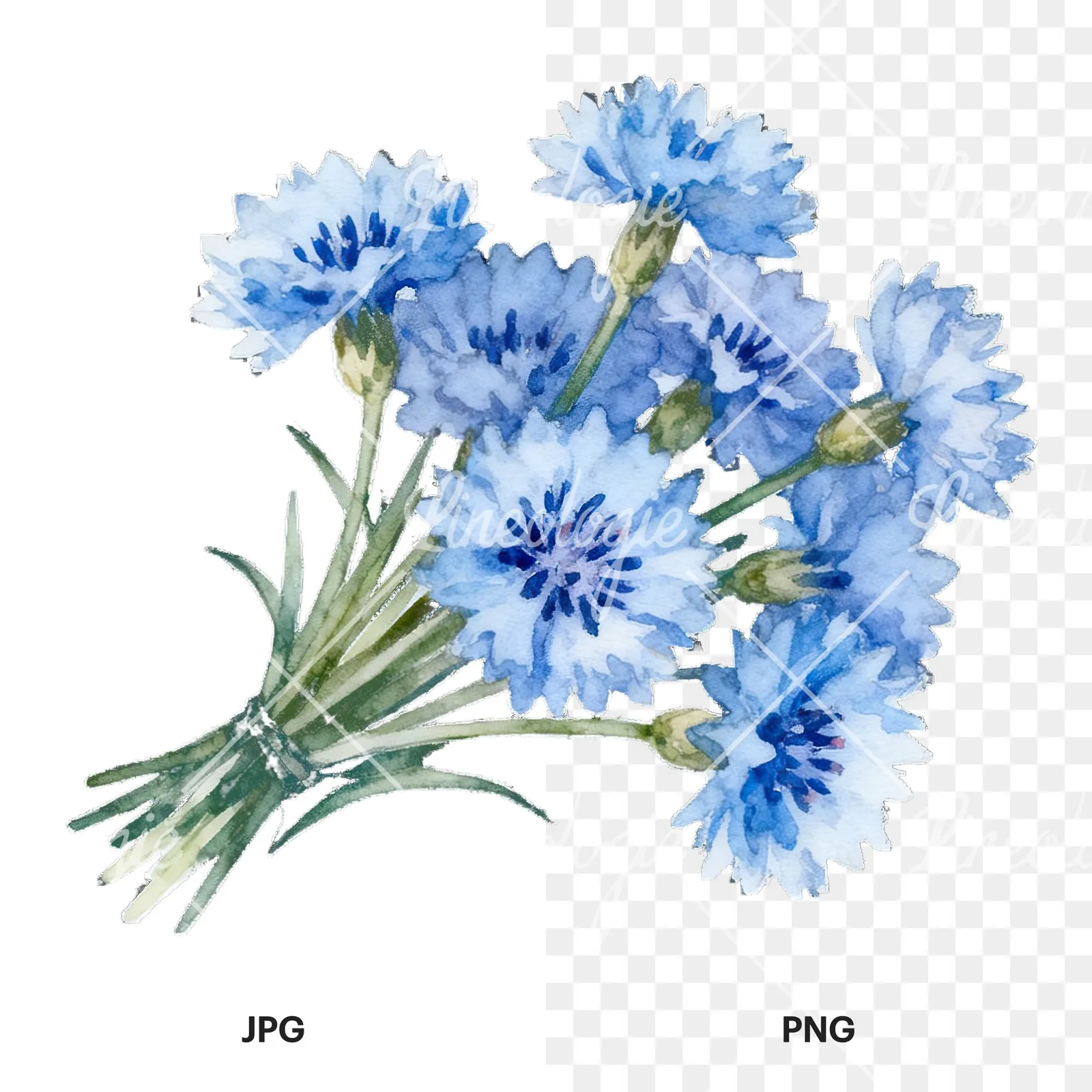 Watercolor blue pink white cornflower bouquet clipart 2 of 6, as a JPG on white and a transparent PNG