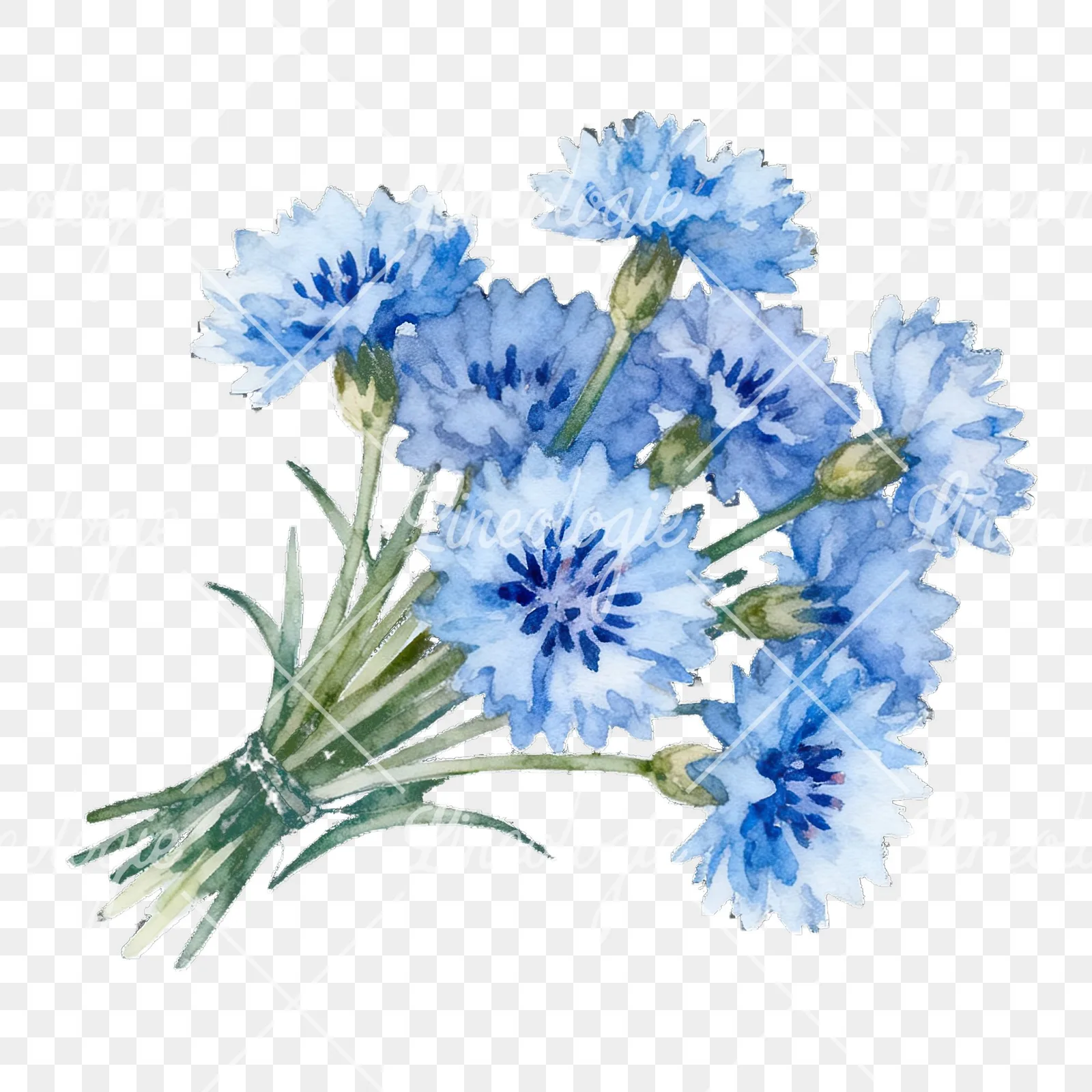 Watercolor blue pink white cornflower bouquet clipart 2 of 6 on a transparent background (PNG)