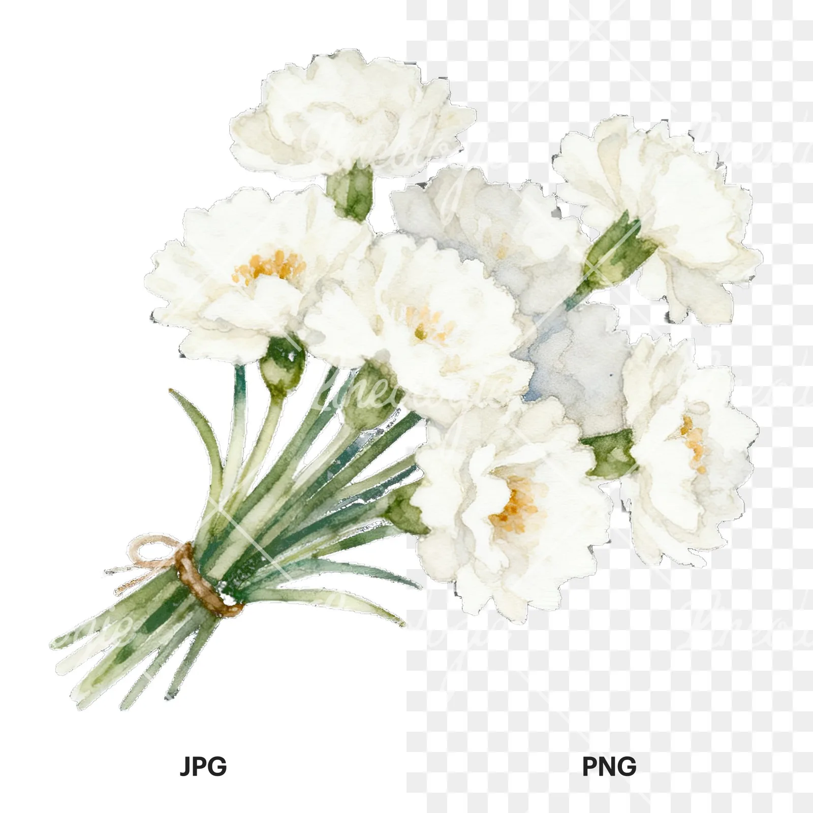 Watercolor blue pink white cornflower bouquet clipart 4 of 6, as a JPG on white and a transparent PNG