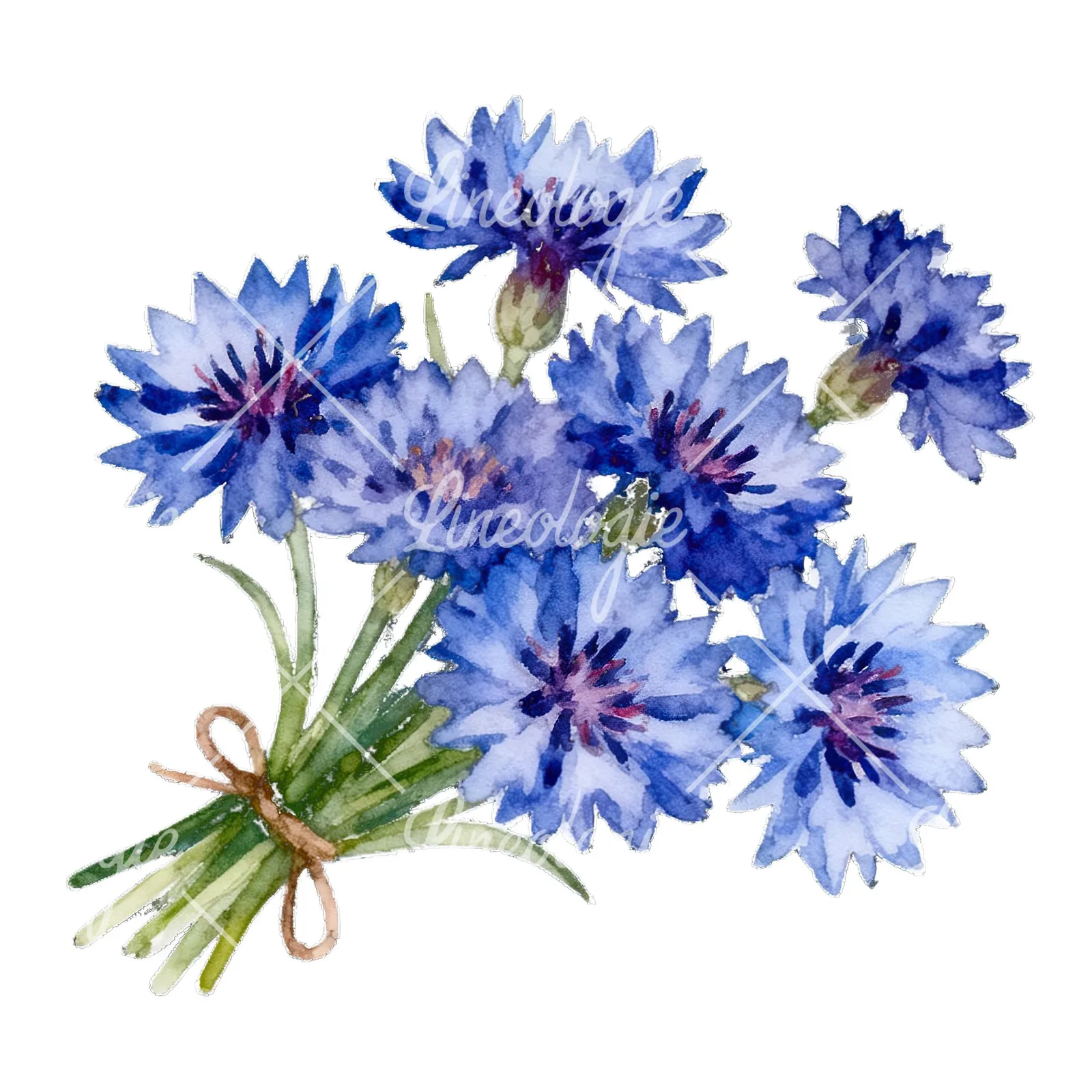 Watercolor blue pink white cornflower bouquet clipart 6 of 6 on a white background (JPG)