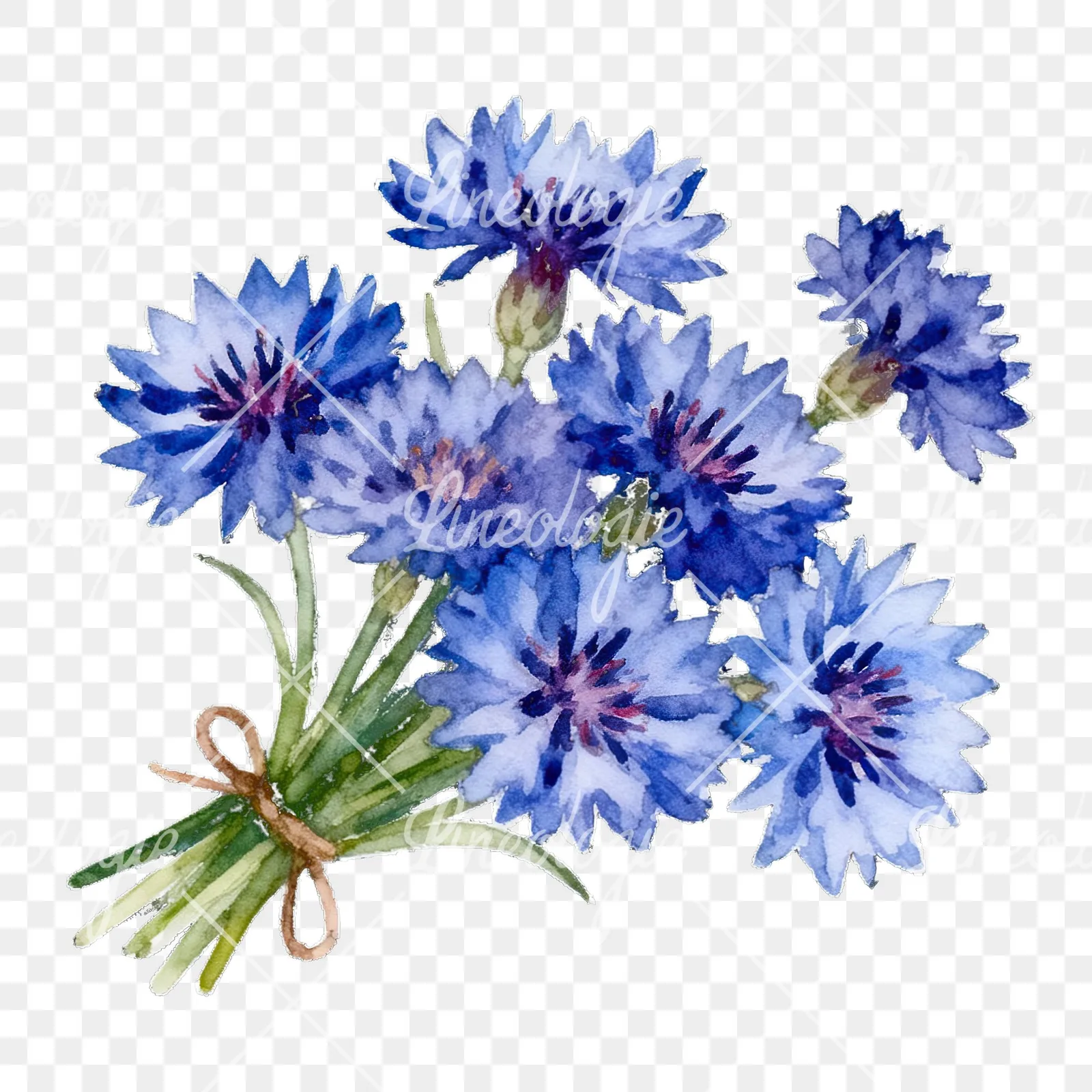 Watercolor blue pink white cornflower bouquet clipart 6 of 6 on a transparent background (PNG)