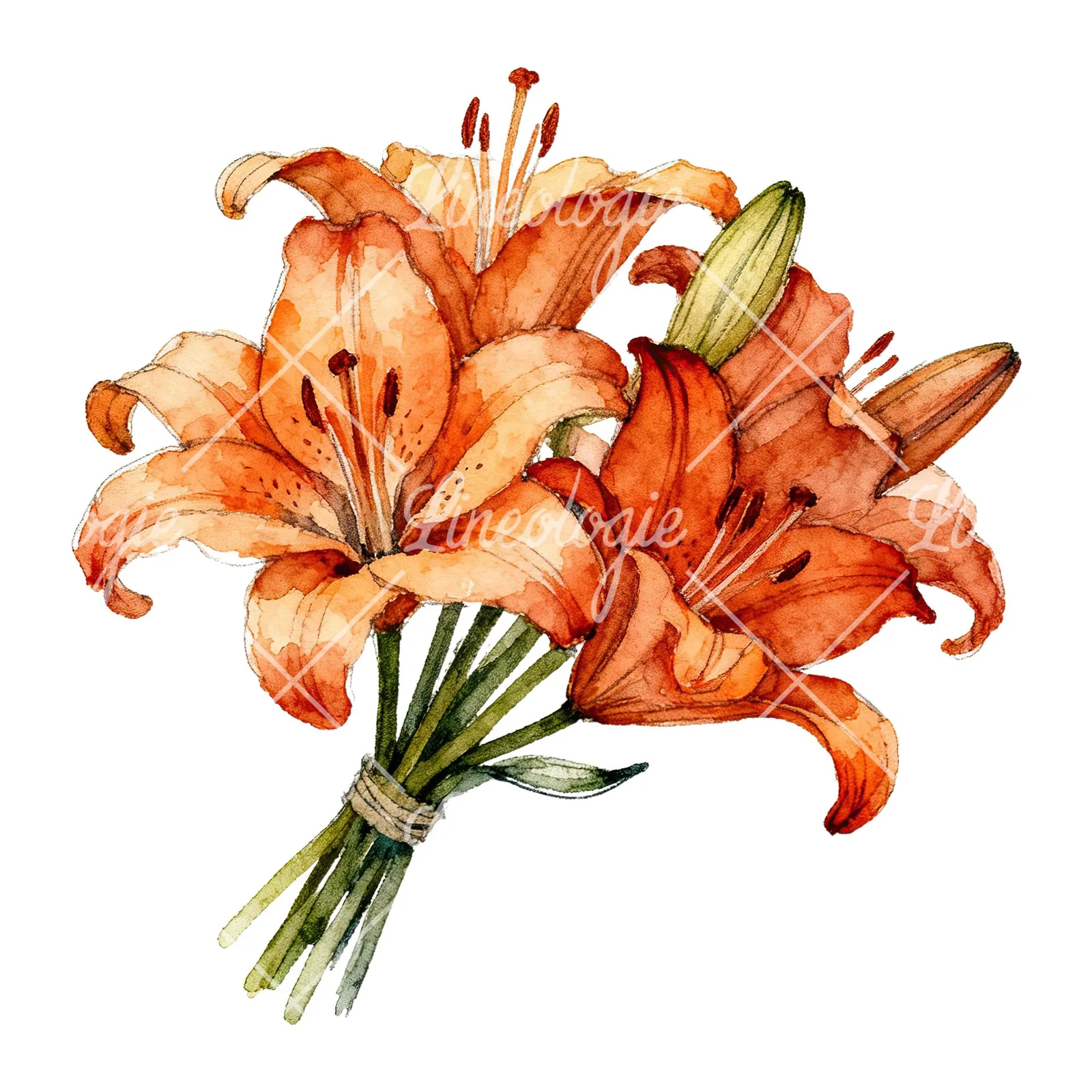 Watercolor orange lily bouquet with green leaves clipart 1 of 6 on a white background (JPG)