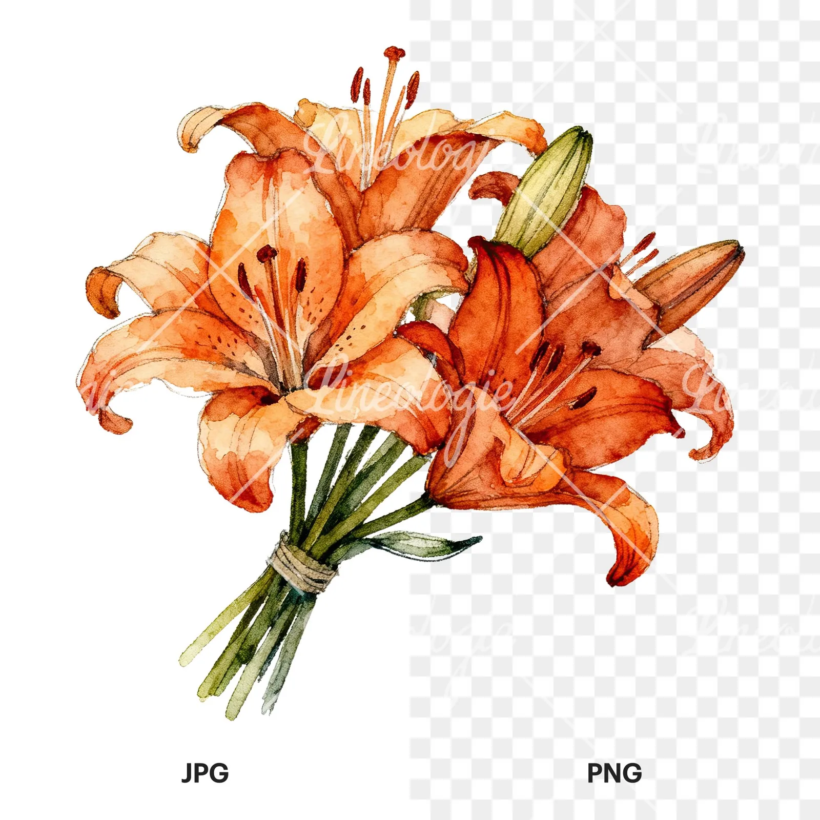 Watercolor orange lily bouquet with green leaves clipart 1 of 6, as a JPG on white and a transparent PNG