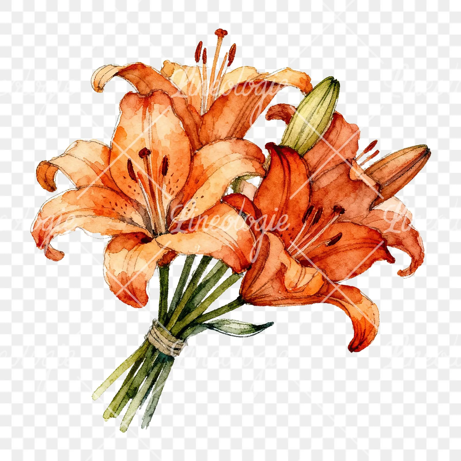 Watercolor orange lily bouquet with green leaves clipart 1 of 6 on a transparent background (PNG)