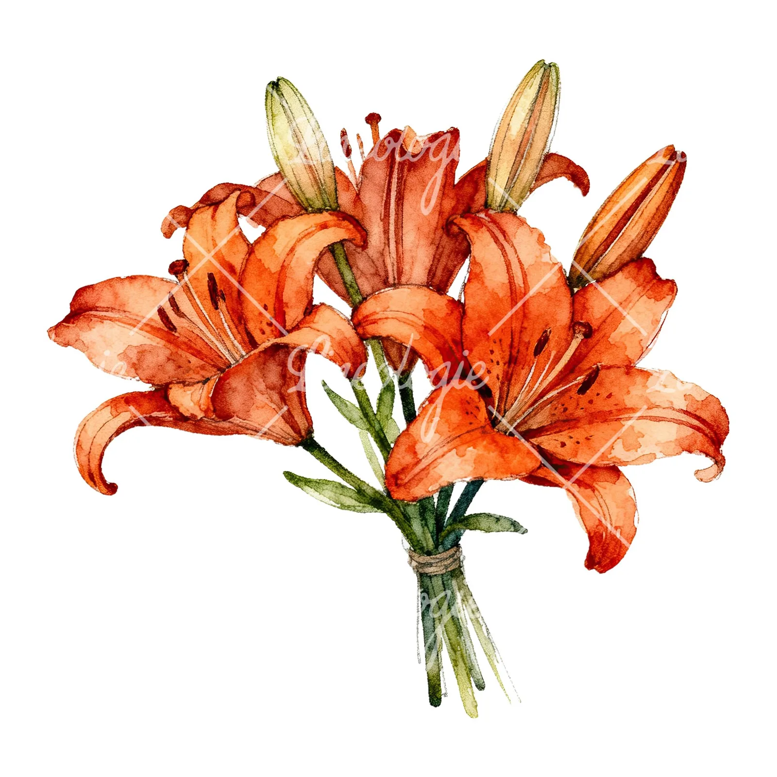 Watercolor orange lily bouquet with green leaves clipart 2 of 6 on a white background (JPG)