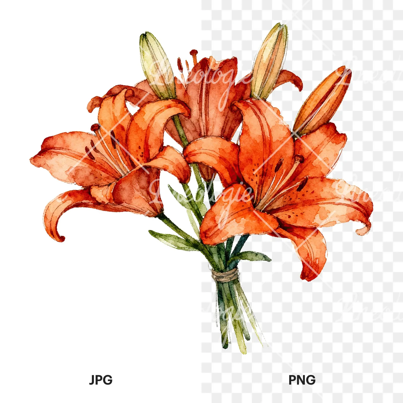 Watercolor orange lily bouquet with green leaves clipart 2 of 6, as a JPG on white and a transparent PNG