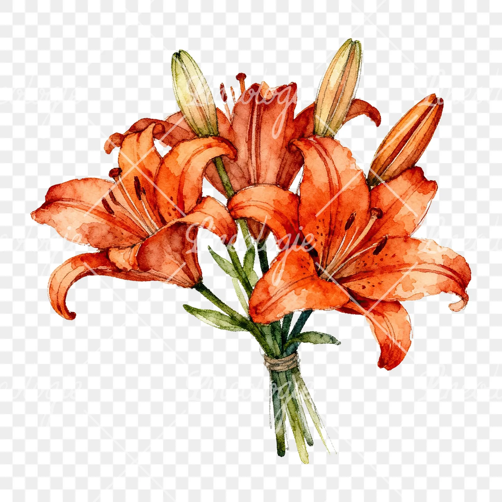 Watercolor orange lily bouquet with green leaves clipart 2 of 6 on a transparent background (PNG)