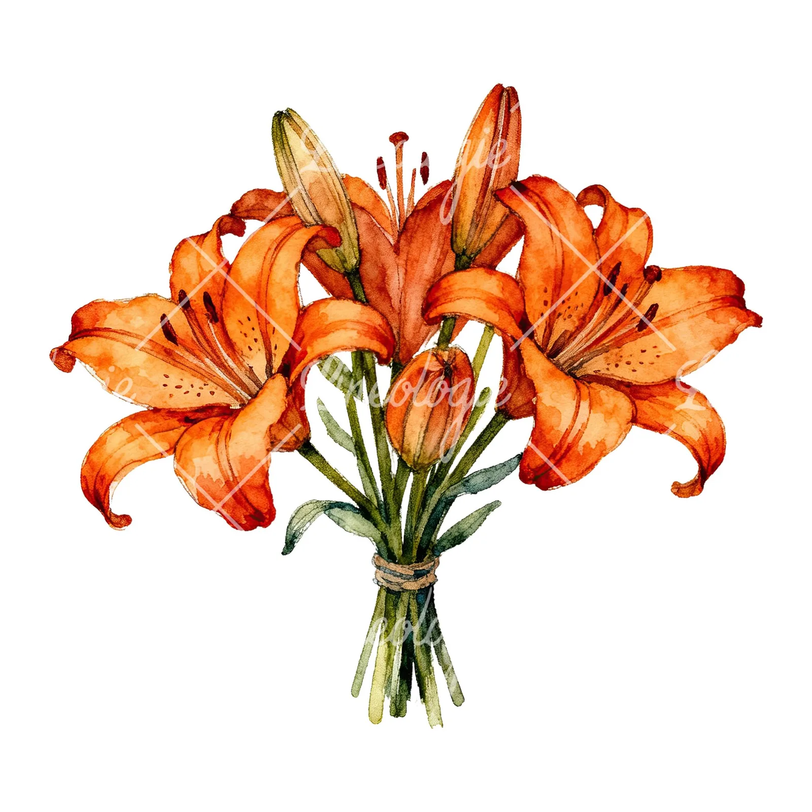 Watercolor orange lily bouquet with green leaves clipart 3 of 6 on a white background (JPG)