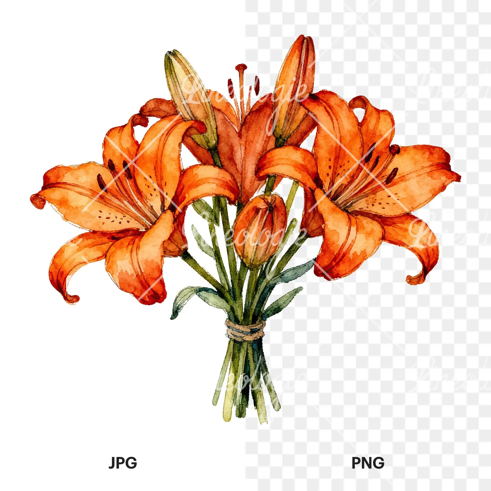Watercolor orange lily bouquet with green leaves clipart 3 of 6, as a JPG on white and a transparent PNG