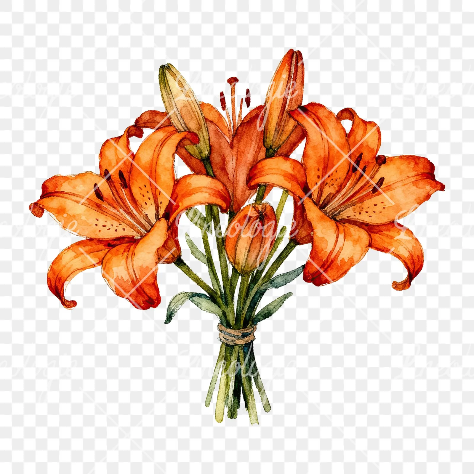 Watercolor orange lily bouquet with green leaves clipart 3 of 6 on a transparent background (PNG)