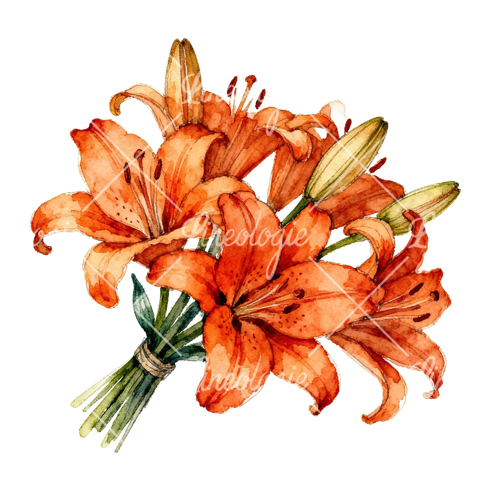 Watercolor orange lily bouquet with green leaves clipart 4 of 6 on a white background (JPG)