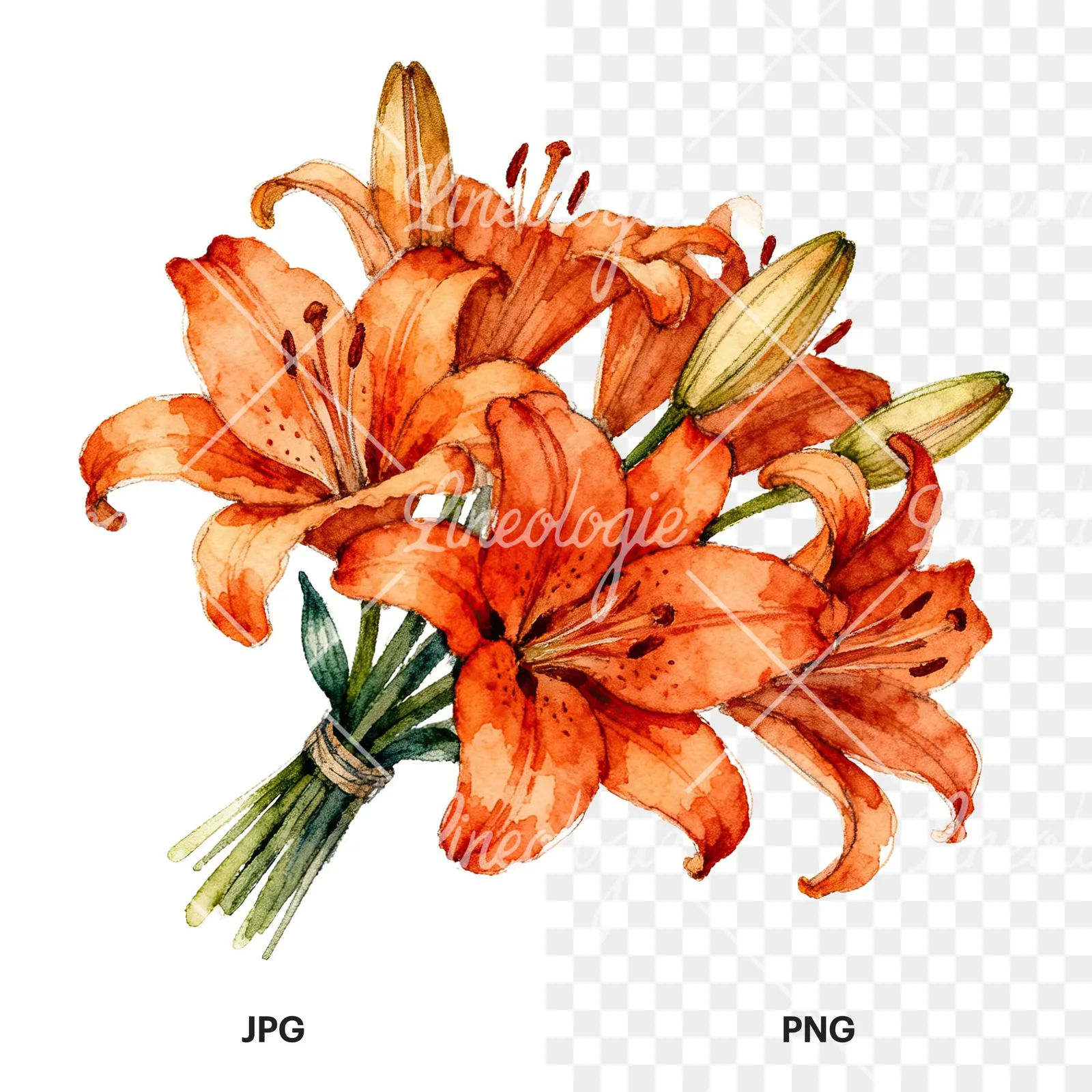 Watercolor orange lily bouquet with green leaves clipart 4 of 6, as a JPG on white and a transparent PNG