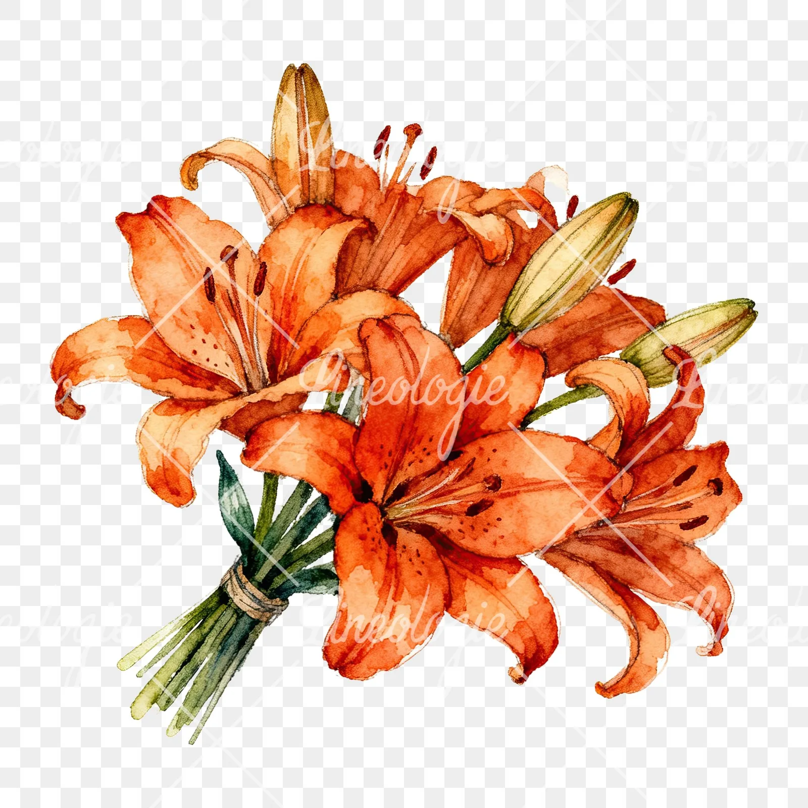 Watercolor orange lily bouquet with green leaves clipart 4 of 6 on a transparent background (PNG)