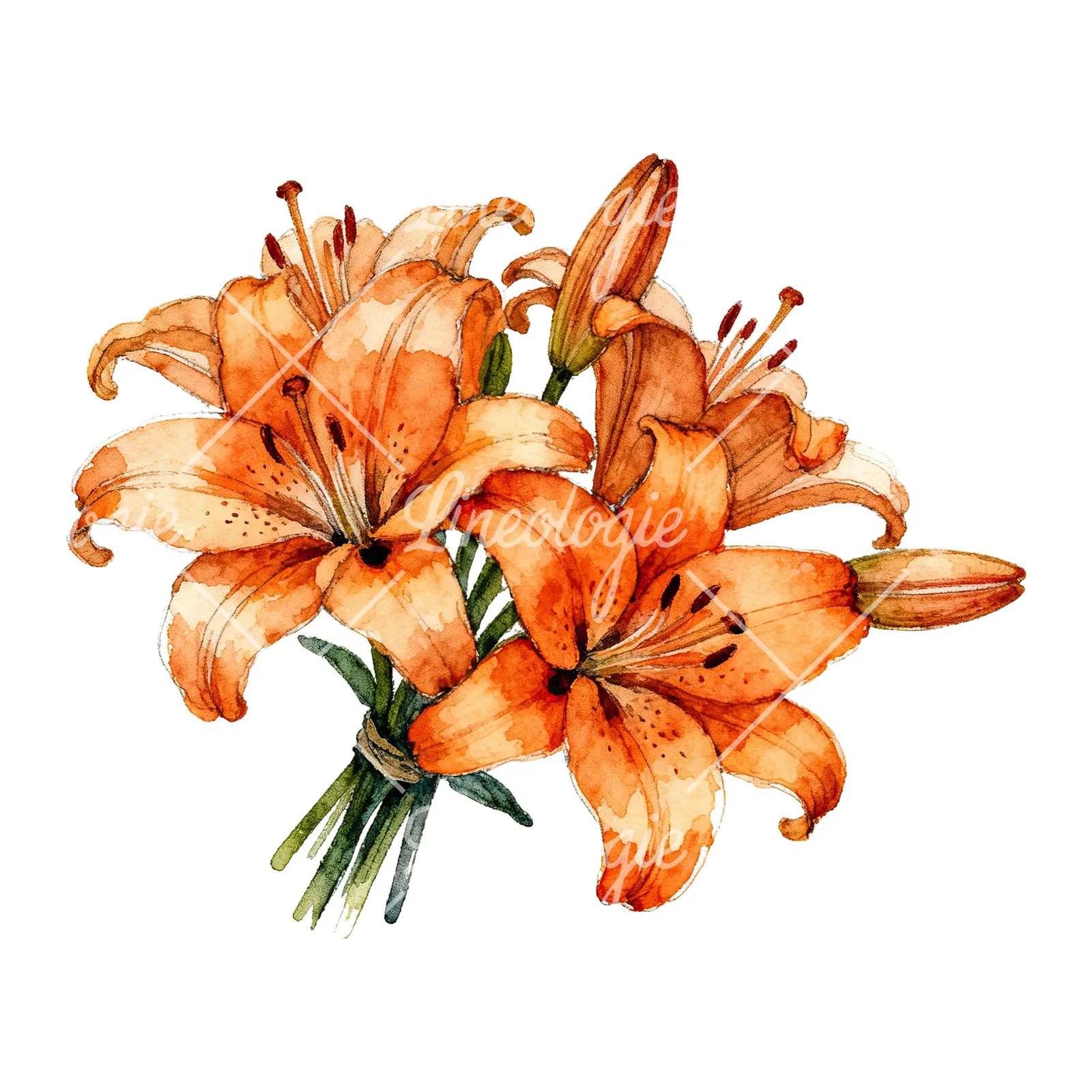 Watercolor orange lily bouquet with green leaves clipart 5 of 6 on a white background (JPG)