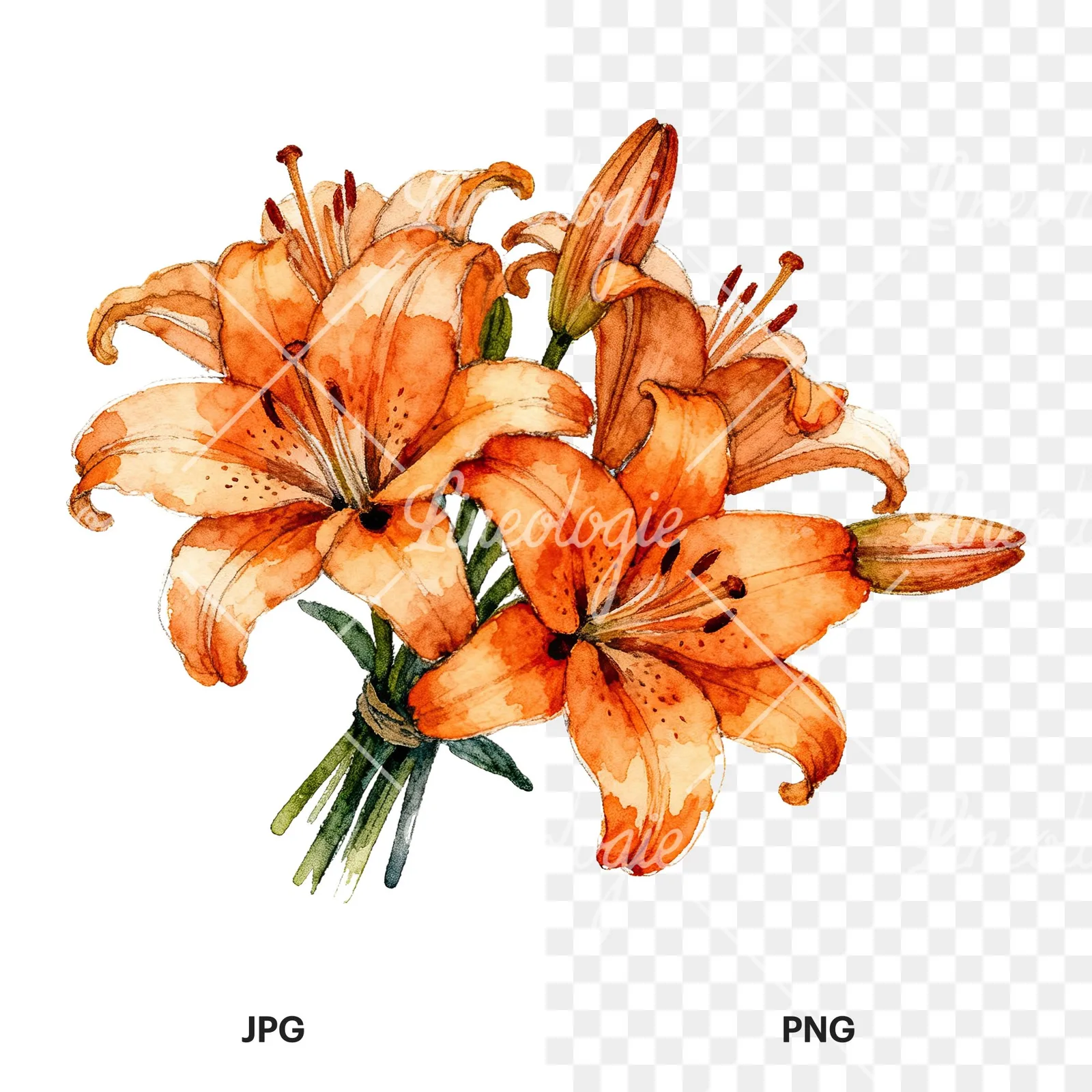 Watercolor orange lily bouquet with green leaves clipart 5 of 6, as a JPG on white and a transparent PNG