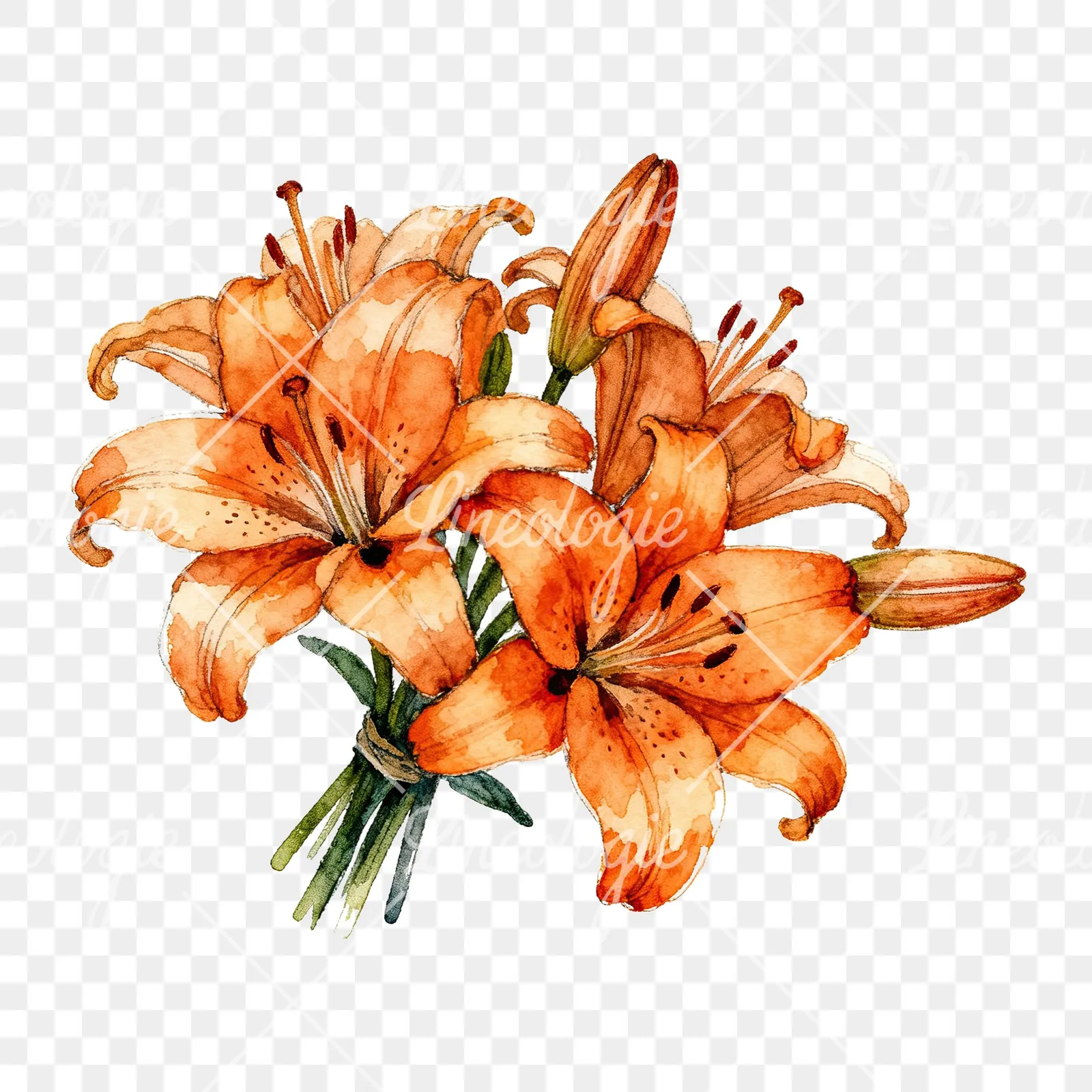Watercolor orange lily bouquet with green leaves clipart 5 of 6 on a transparent background (PNG)