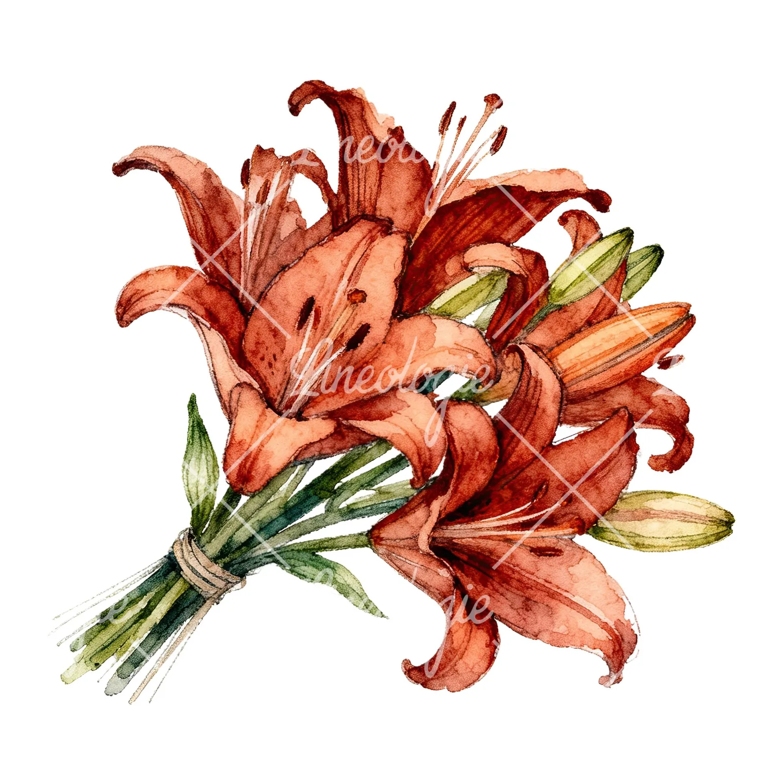 Watercolor orange lily bouquet with green leaves clipart 6 of 6 on a white background (JPG)