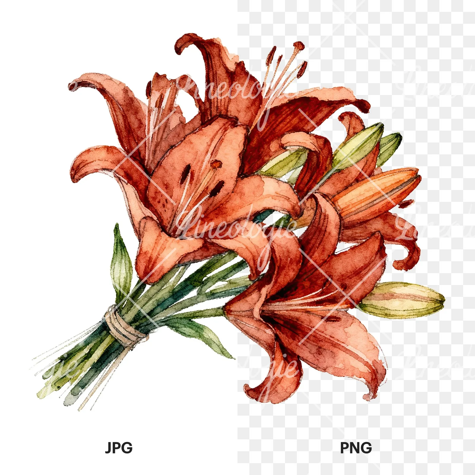 Watercolor orange lily bouquet with green leaves clipart 6 of 6, as a JPG on white and a transparent PNG