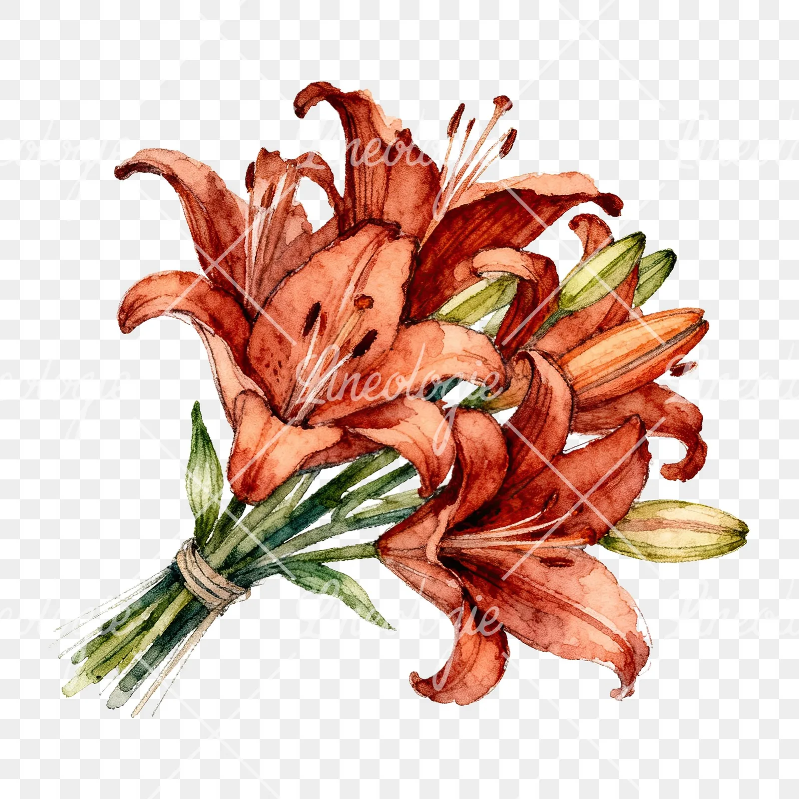 Watercolor orange lily bouquet with green leaves clipart 6 of 6 on a transparent background (PNG)