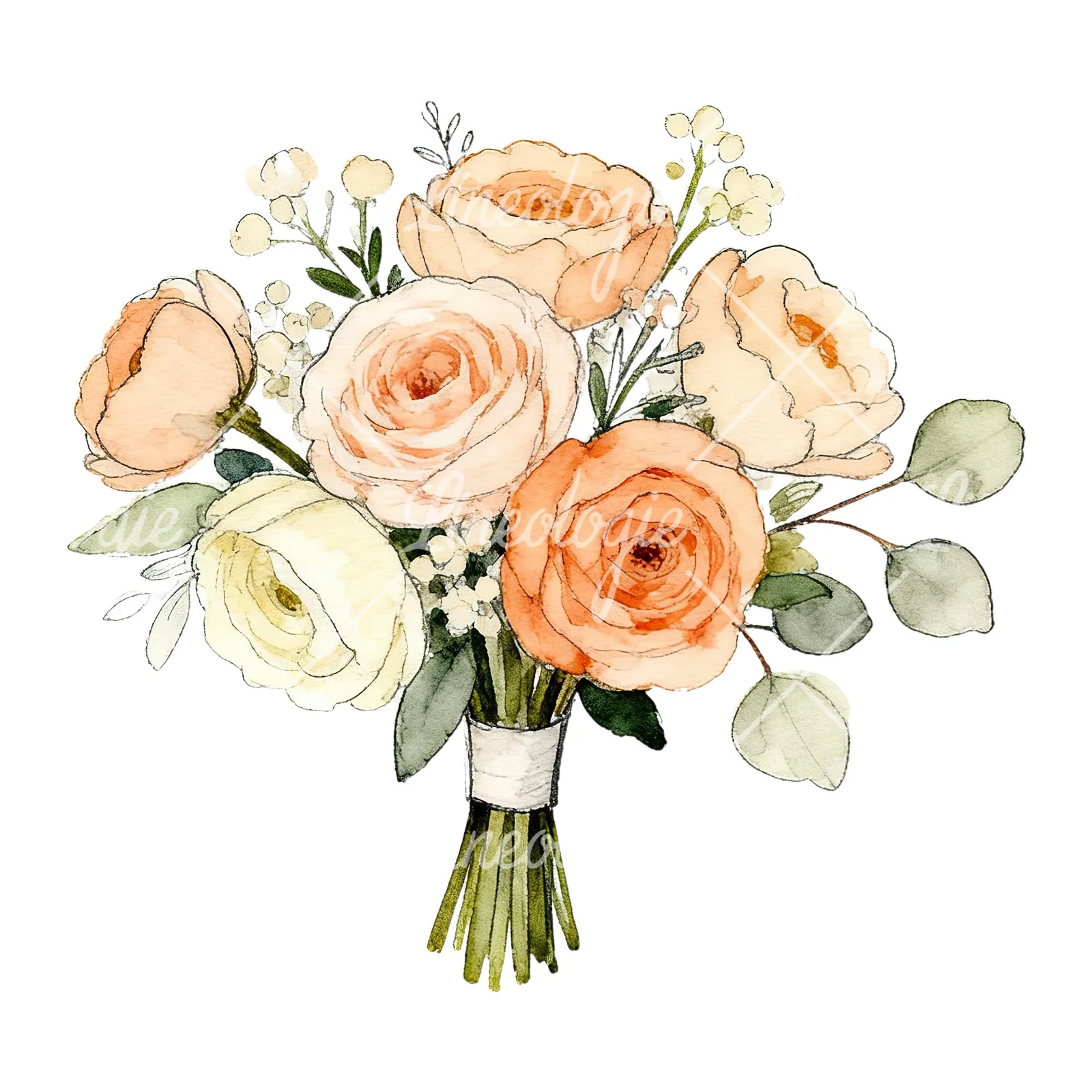 Watercolor peach and cream wedding bouquet clipart 1 of 6 on a white background (JPG)