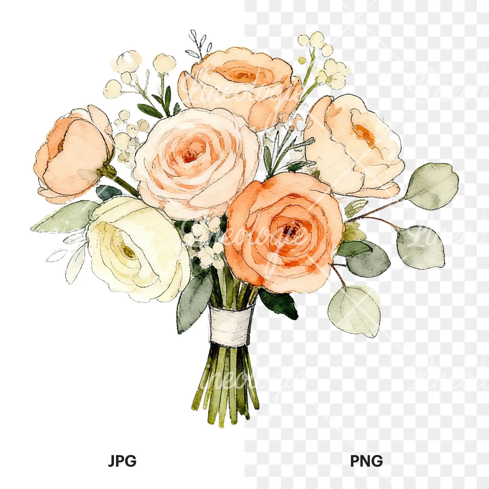 Watercolor peach and cream wedding bouquet clipart 1 of 6, as a JPG on white and a transparent PNG