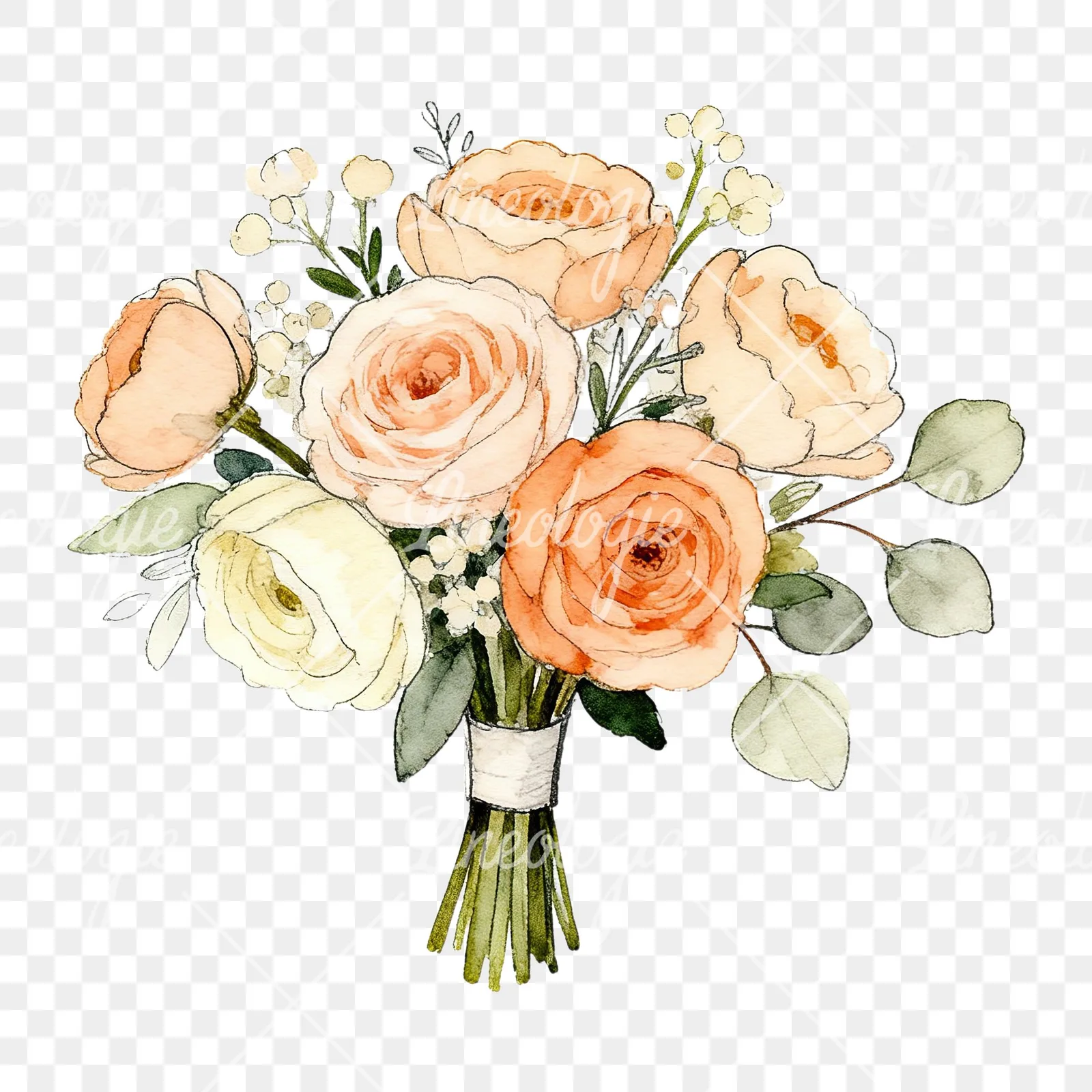 Watercolor peach and cream wedding bouquet clipart 1 of 6 on a transparent background (PNG)