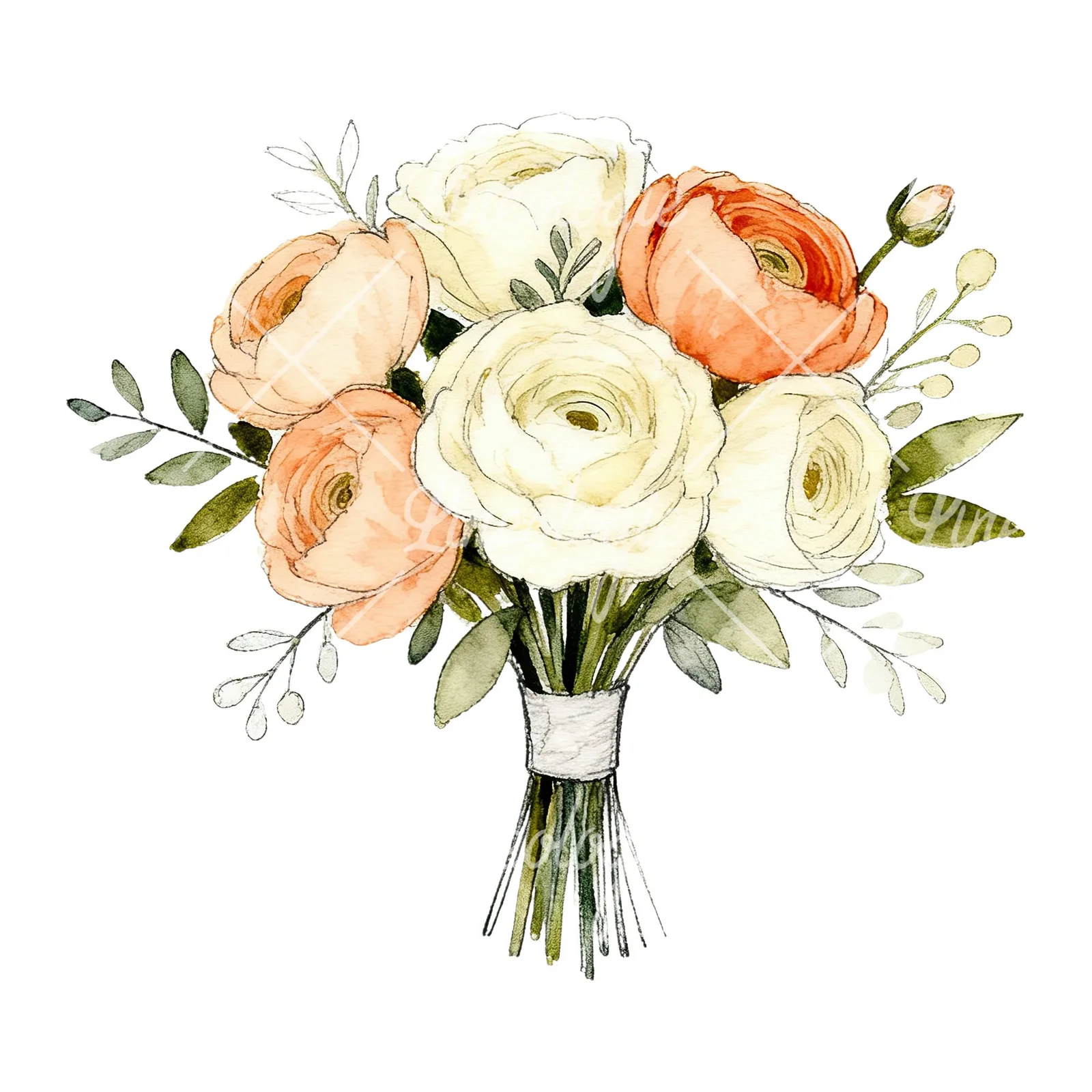 Watercolor peach and cream wedding bouquet clipart 2 of 6 on a white background (JPG)