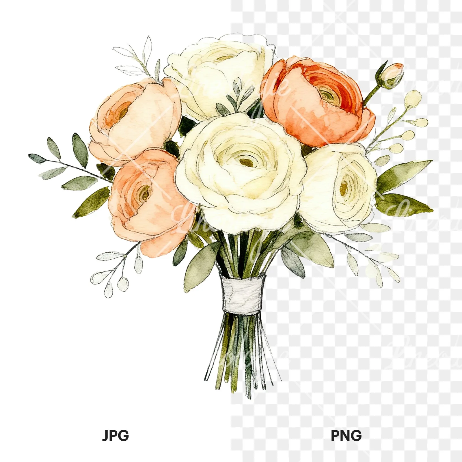 Watercolor peach and cream wedding bouquet clipart 2 of 6, as a JPG on white and a transparent PNG