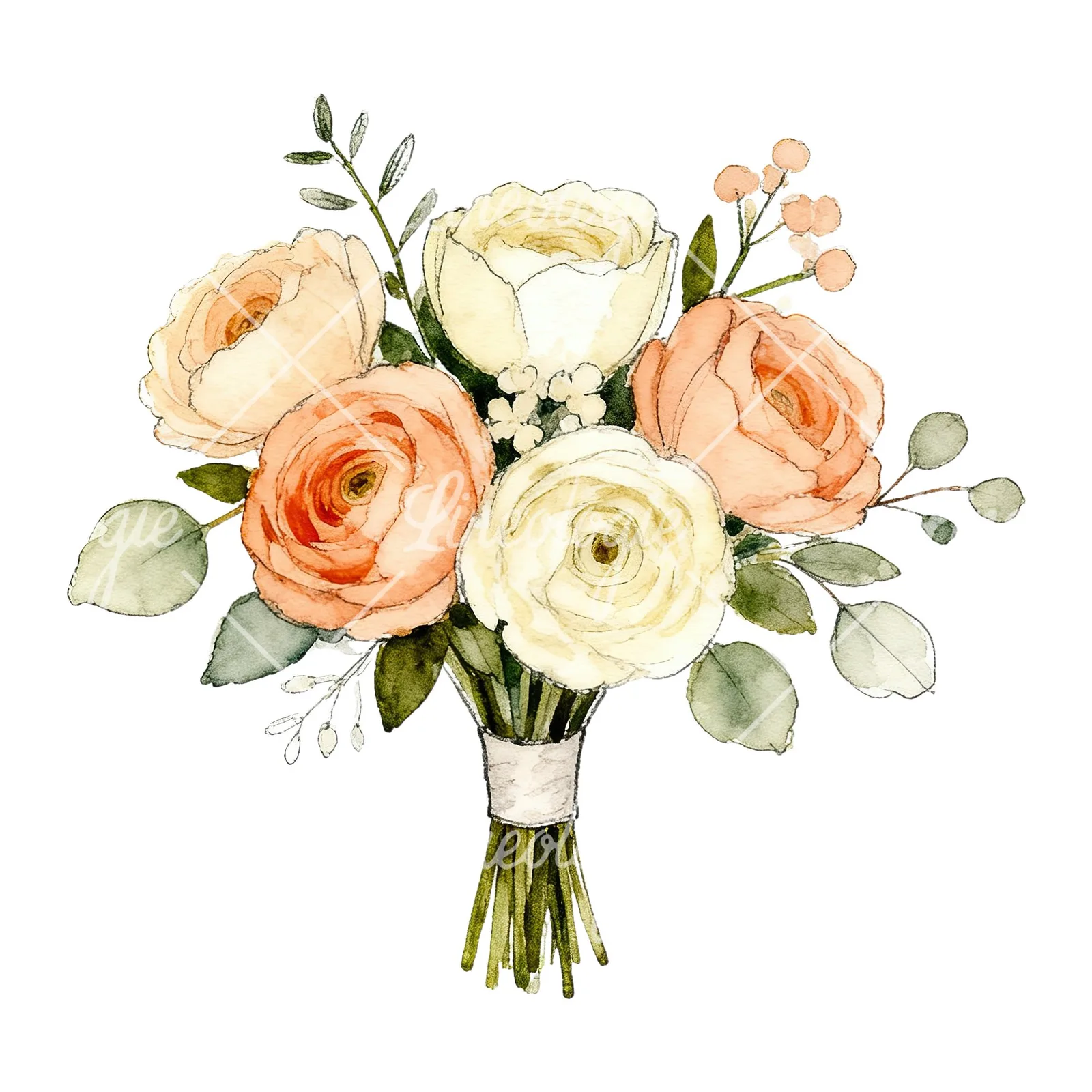 Watercolor peach and cream wedding bouquet clipart 3 of 6 on a white background (JPG)