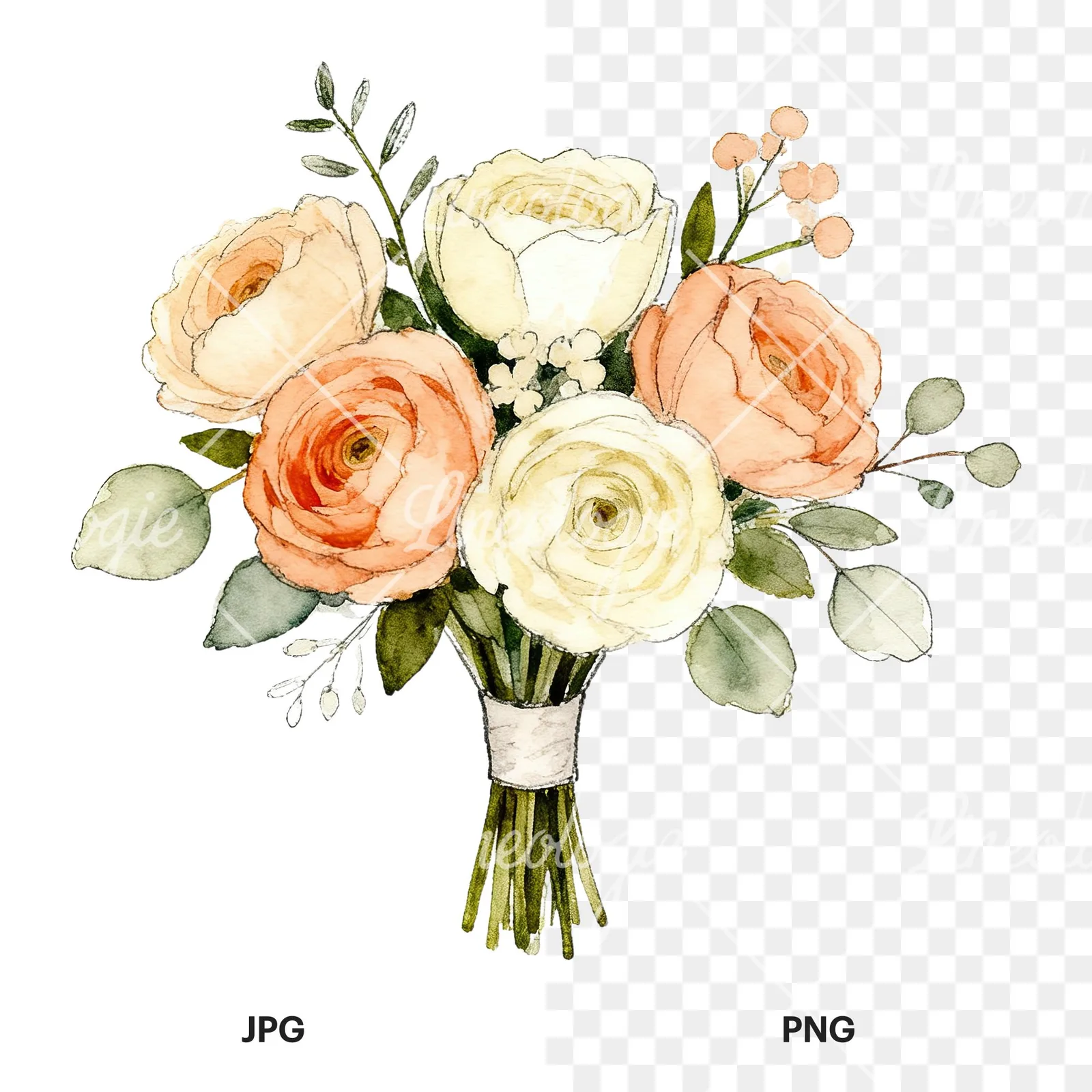 Watercolor peach and cream wedding bouquet clipart 3 of 6, as a JPG on white and a transparent PNG