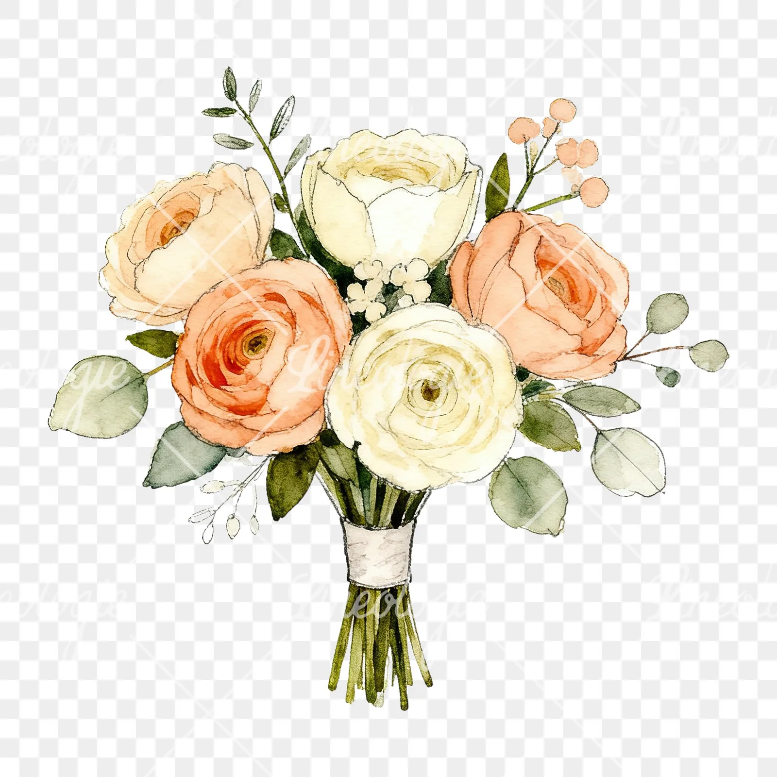 Watercolor peach and cream wedding bouquet clipart 3 of 6 on a transparent background (PNG)