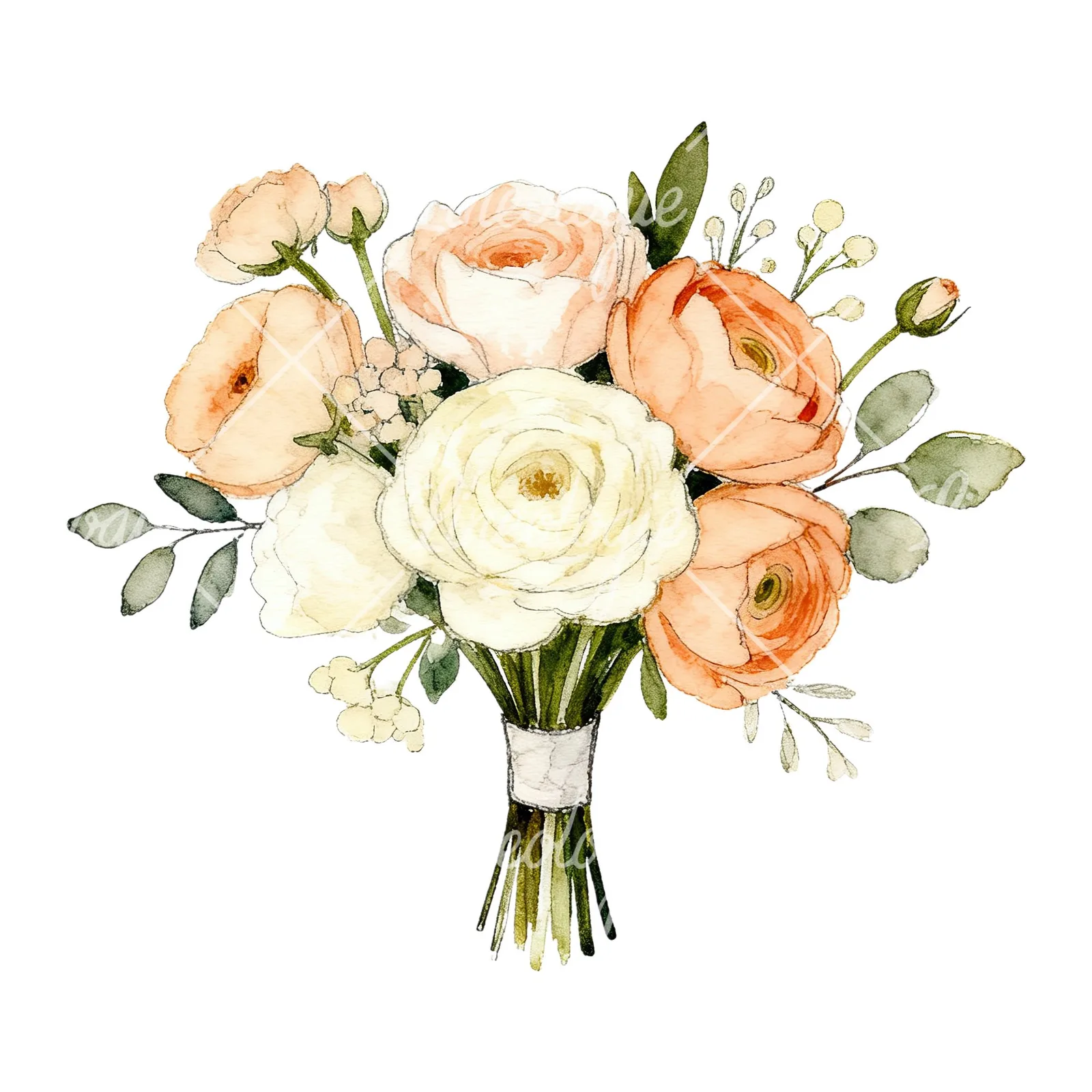 Watercolor peach and cream wedding bouquet clipart 4 of 6 on a white background (JPG)