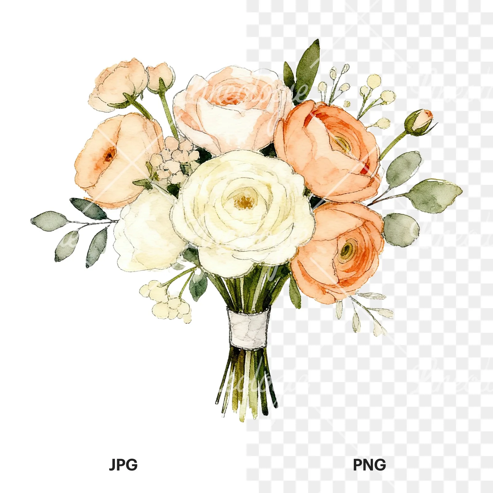Watercolor peach and cream wedding bouquet clipart 4 of 6, as a JPG on white and a transparent PNG
