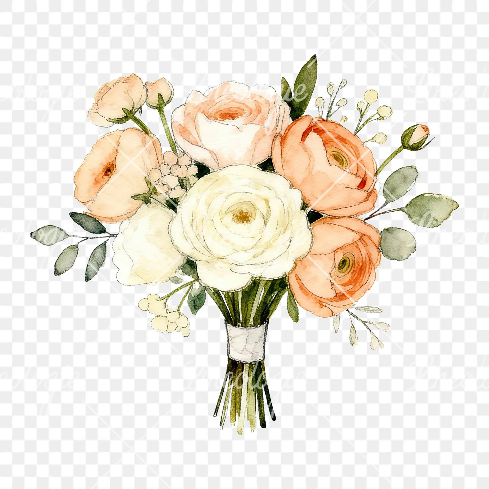 Watercolor peach and cream wedding bouquet clipart 4 of 6 on a transparent background (PNG)