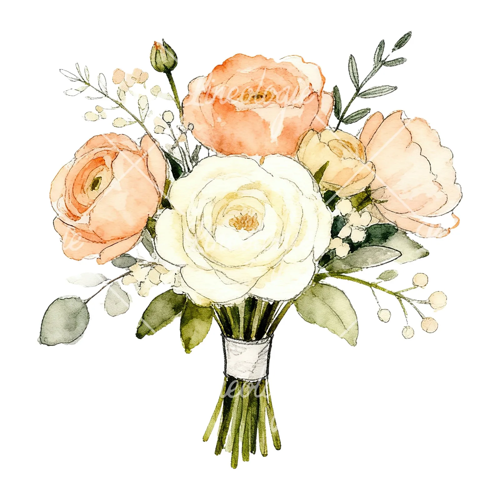 Watercolor peach and cream wedding bouquet clipart 5 of 6 on a white background (JPG)